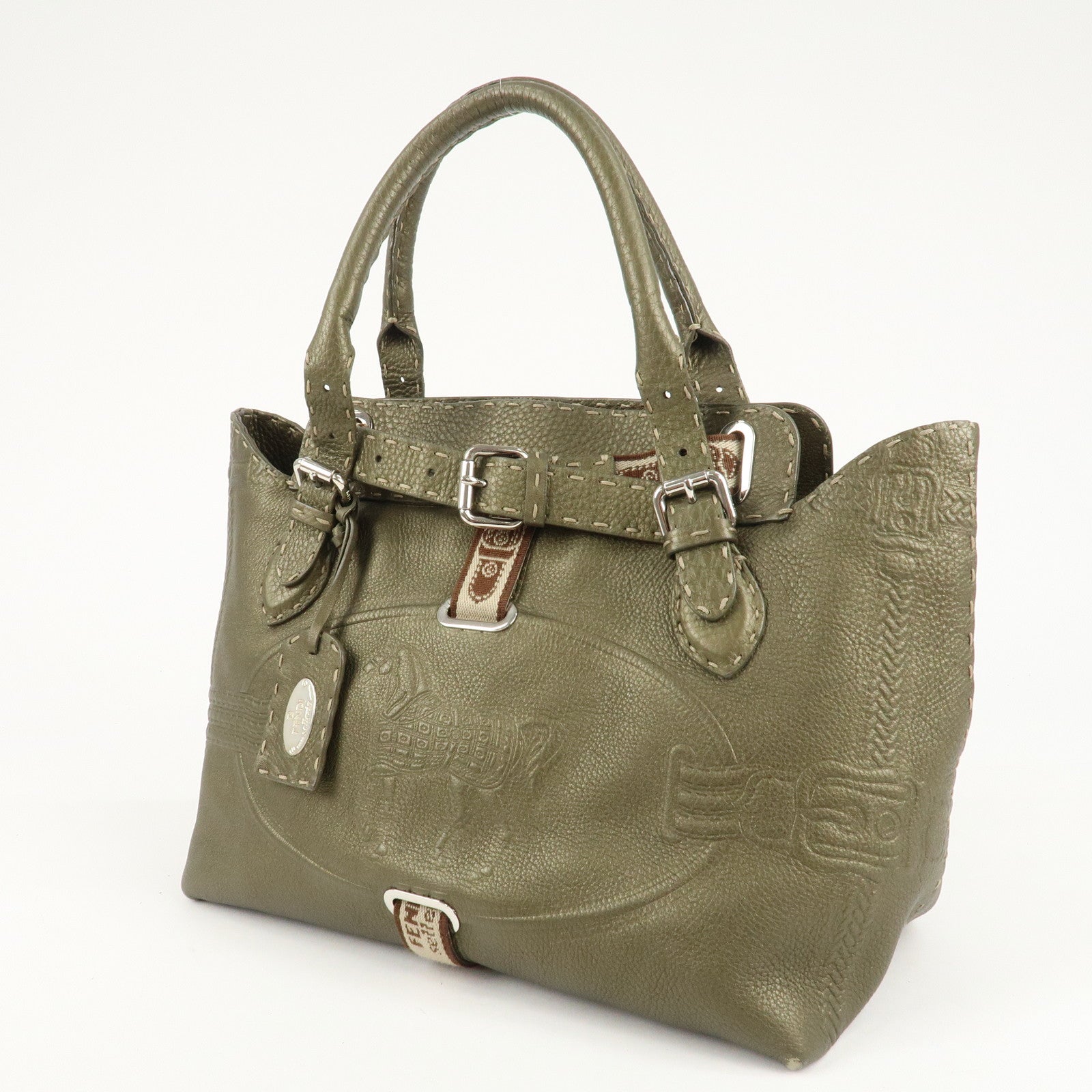 FENDI Selleria Leather Tote Bag Shoulder Bag Khaki 8BN155 Used