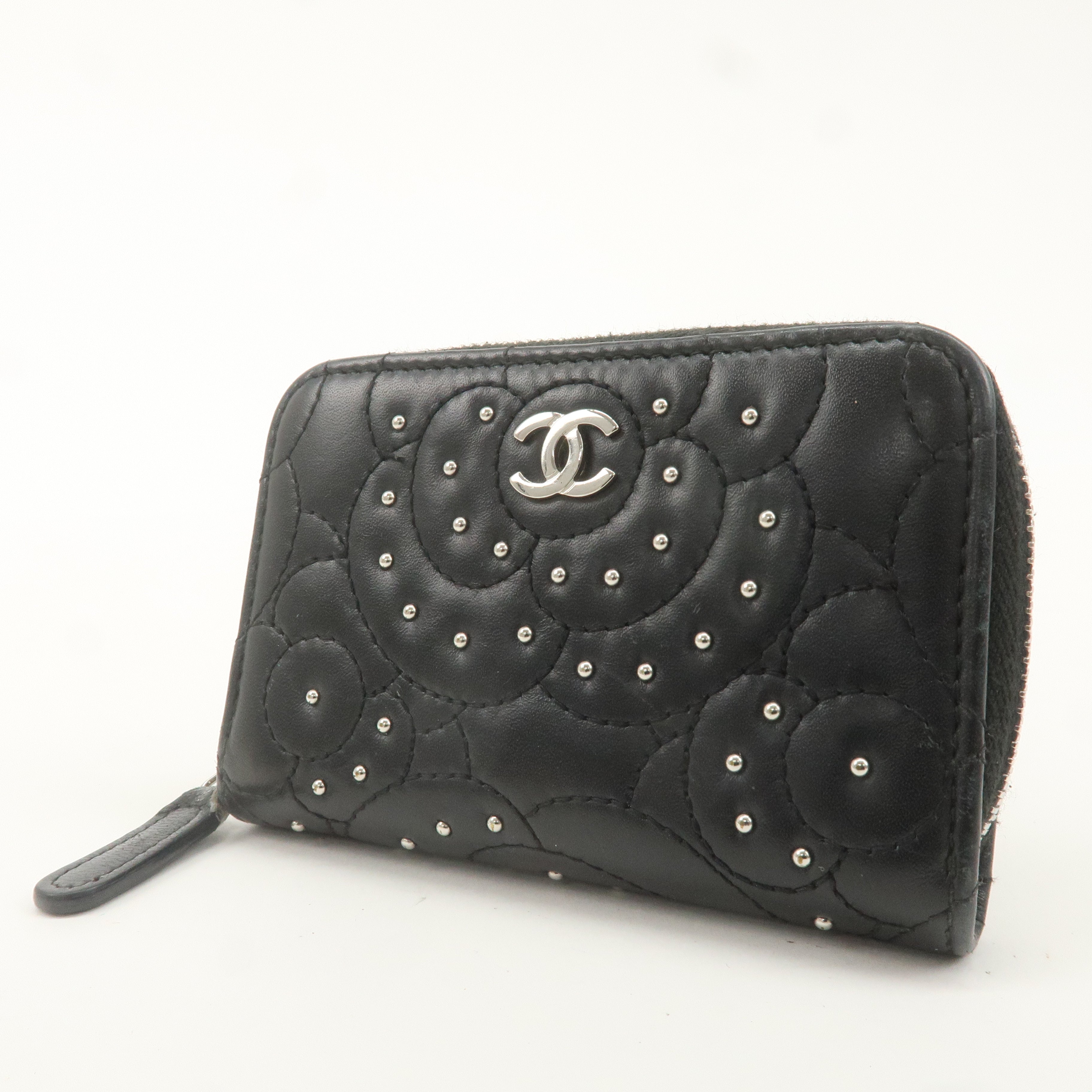 CHANEL Leather Camellia Coin Purse Coin Case Black