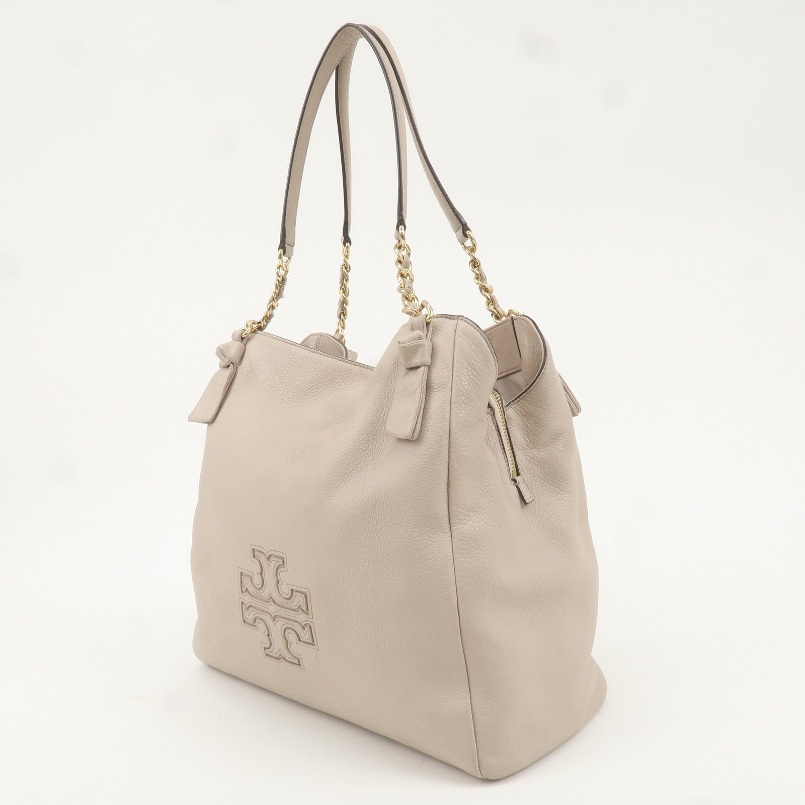 Tory Burch Leather Chain Tote Bag Sholder Bag Pink Beige