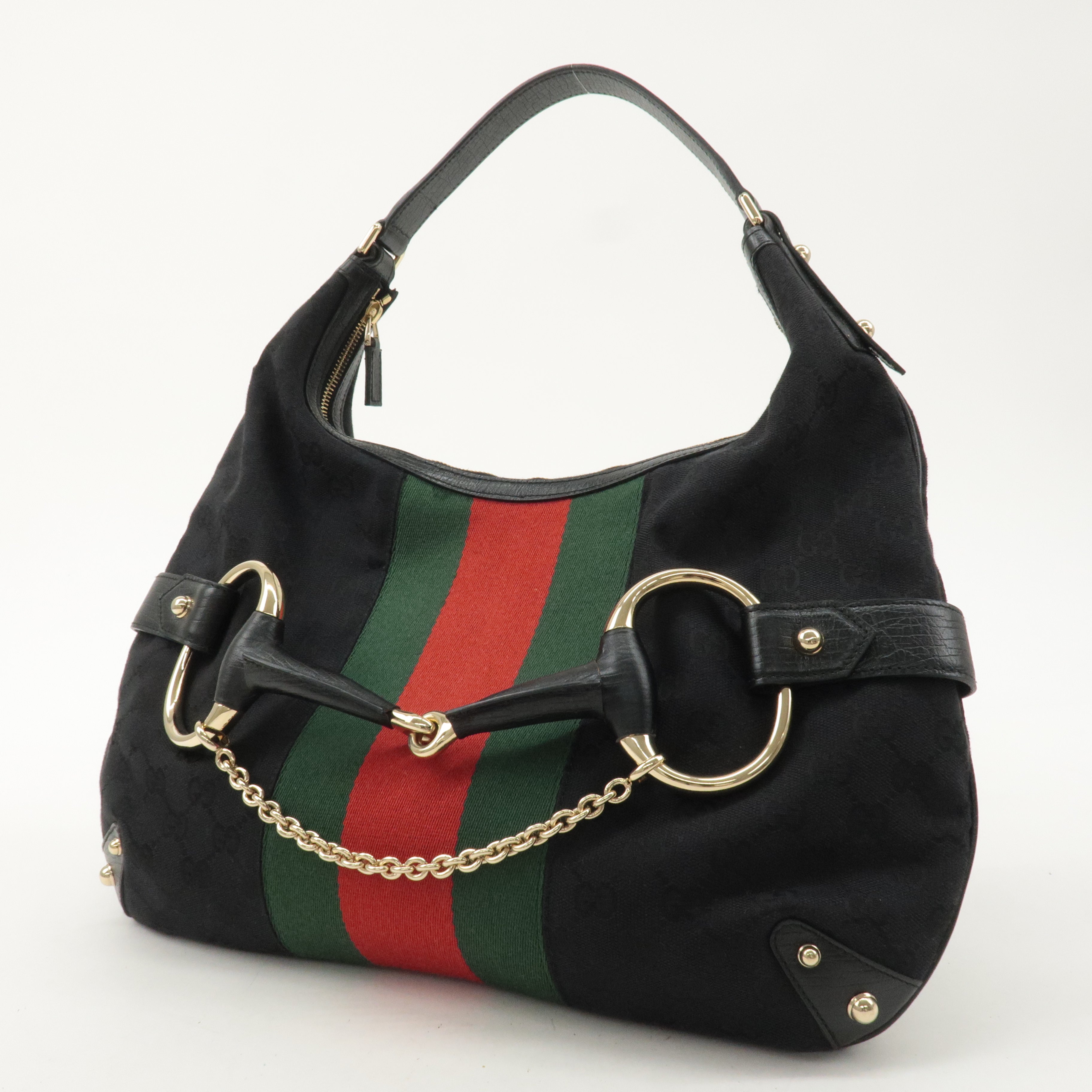 GUCCI Horsebit GG Canvas Leather Shoulder Bag Black 131026