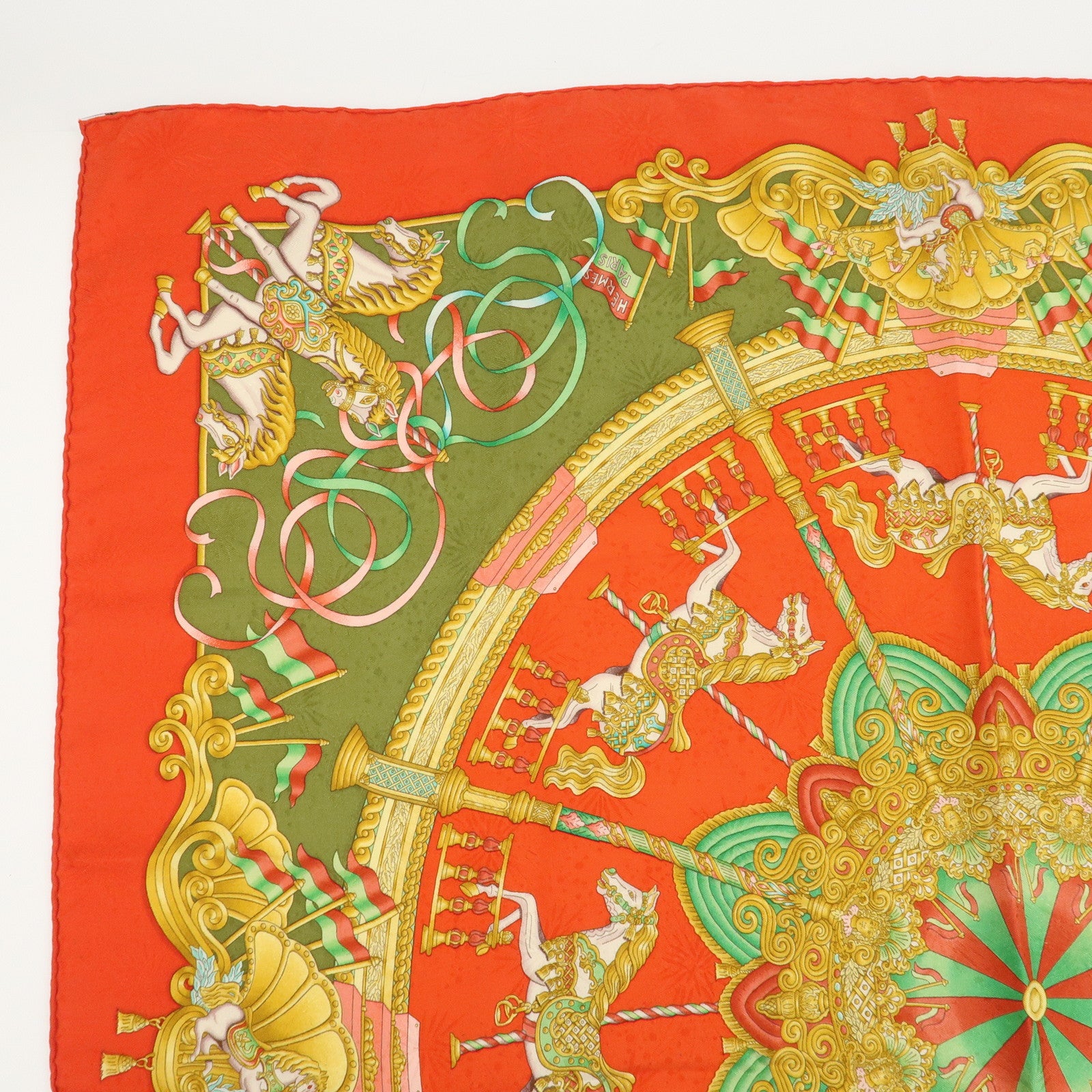 HERMES Carre 90 Silk 100% Scarf Luna Park Red Gold Green Used