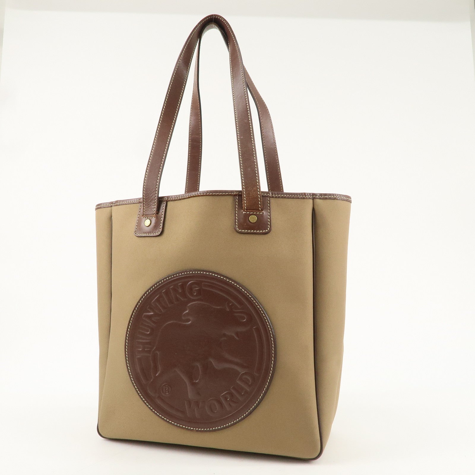 HUNTING WORLD Canvas Leather Tote Shoulder Bag Khaki Green Brown