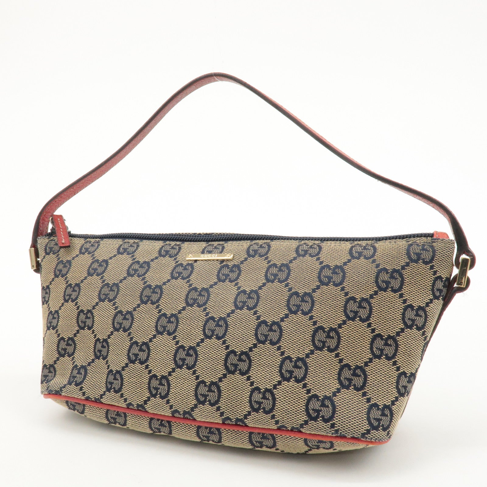 GUCCI Boat Bag GG Canvas Leather Bag Pouch Beige Navy Red 7198