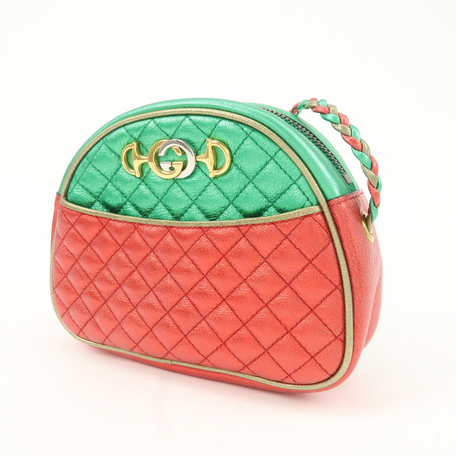 GUCCI Laminate Quilting Leather Shoulder Bag Green Red Gold 534951