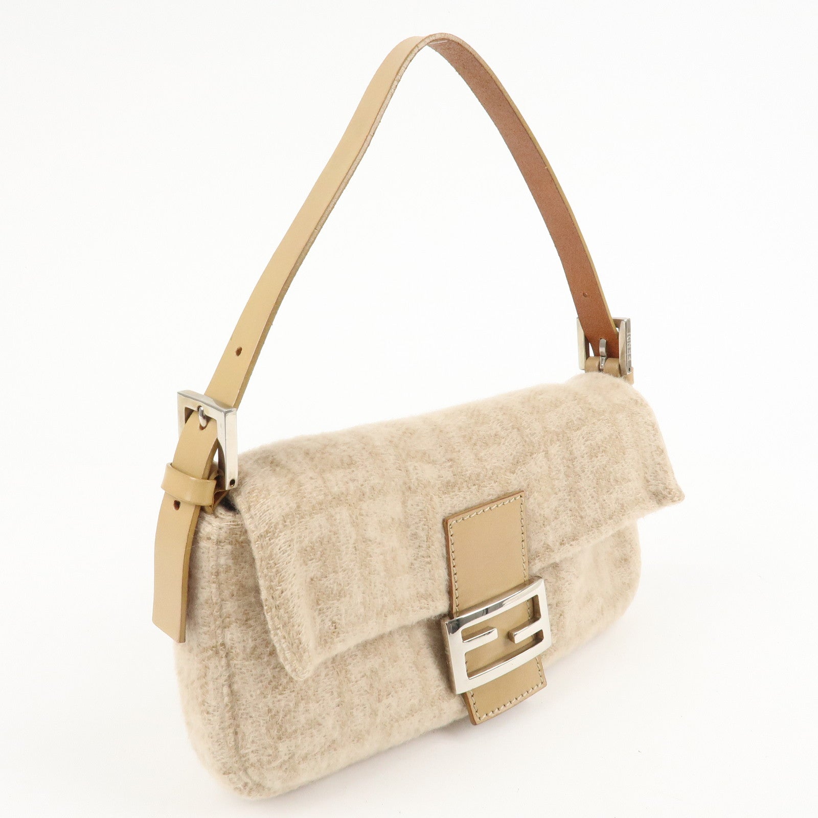 FENDI Mamma Baguette Zucca Wool Leather Shoulder Bag Beige 26424 Used