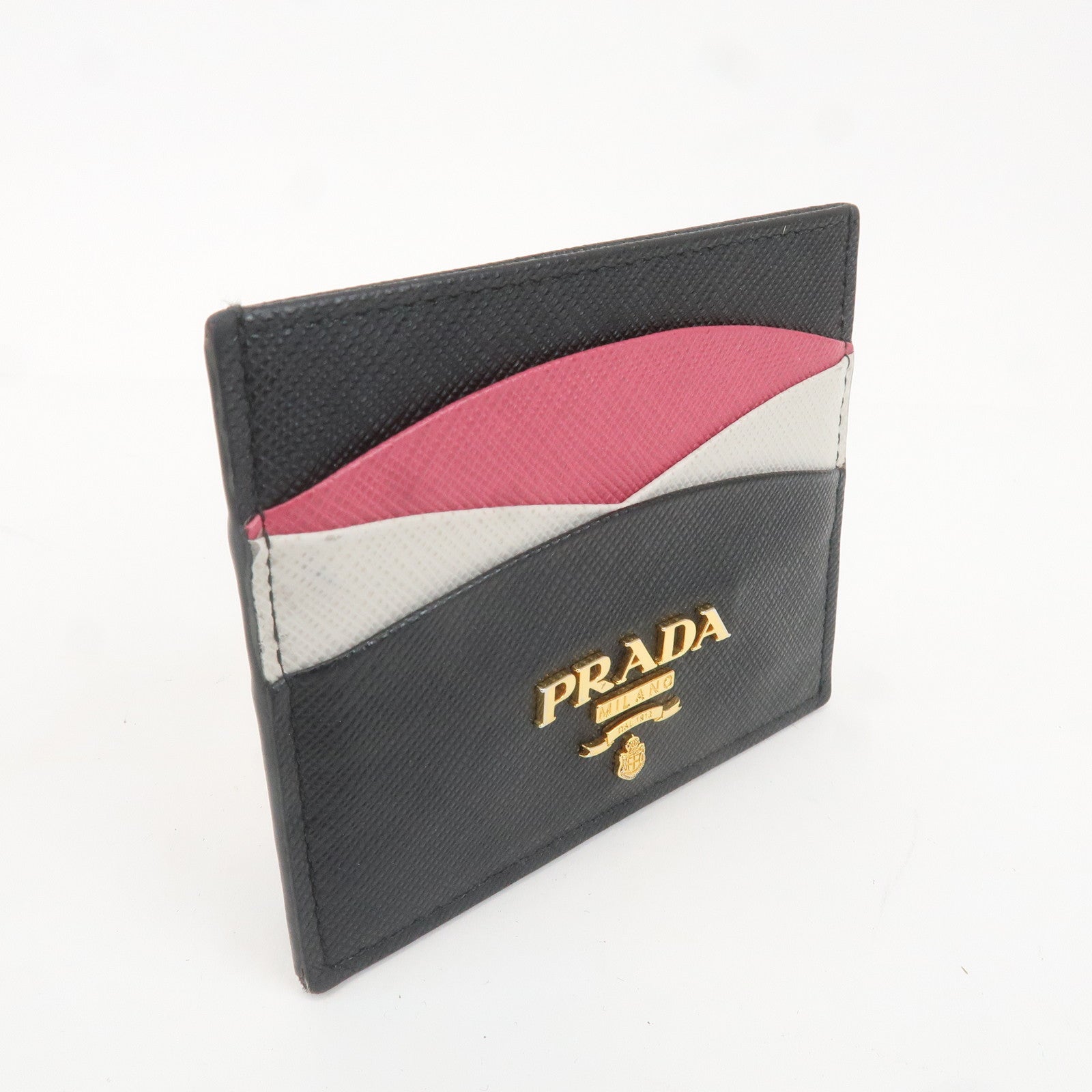 PRADA Saffiano Leather Card Case Black White Pink 1MC025