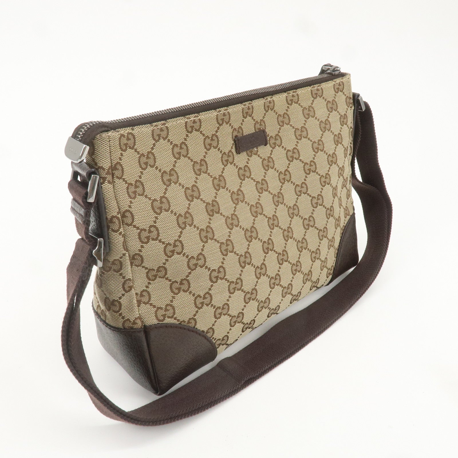 GUCCI GG Canvas Leather Shoulder Bag Beige Brown 114273