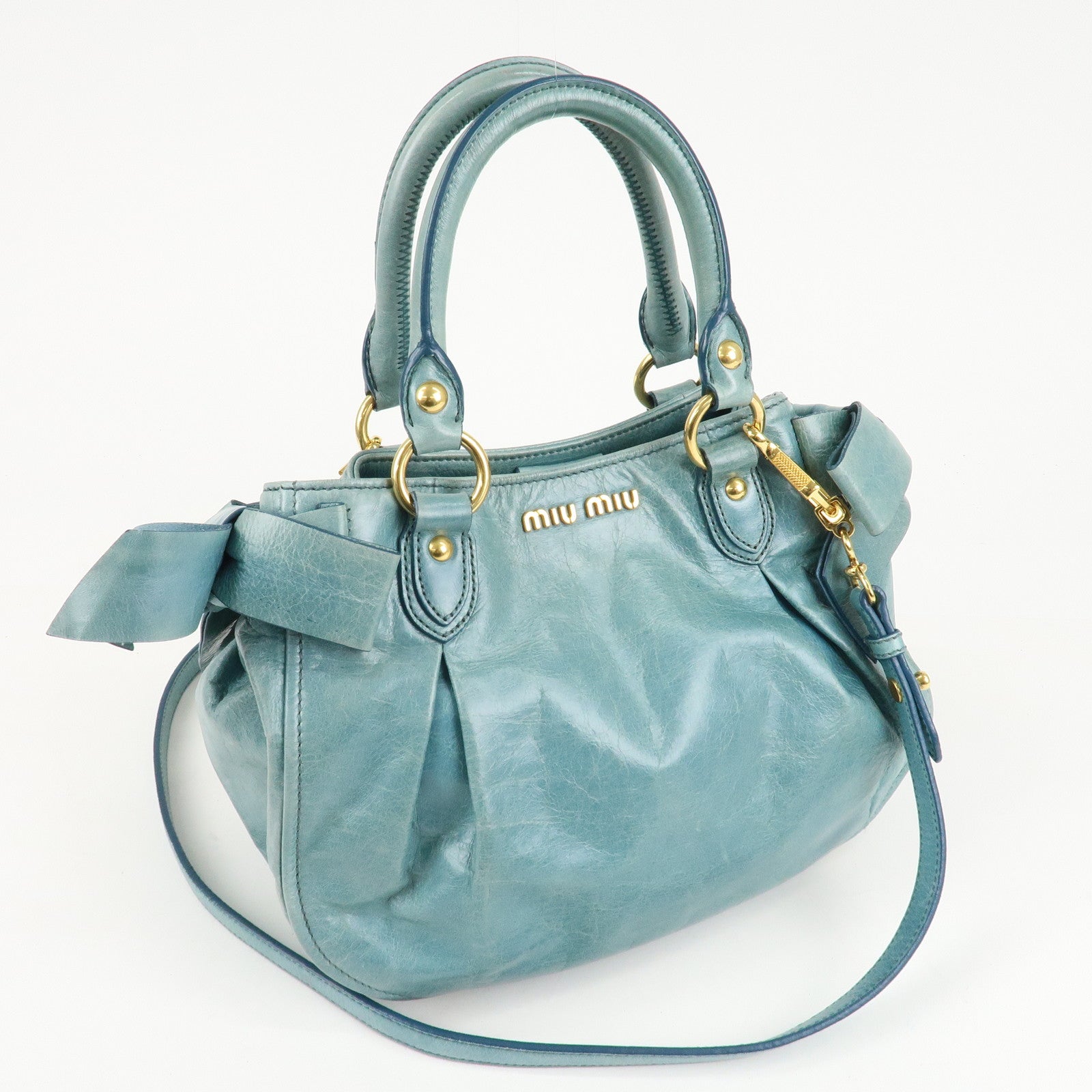 MIU MIU Leather 2Way Bag Shoulder Bag Hand Bag Blue Used