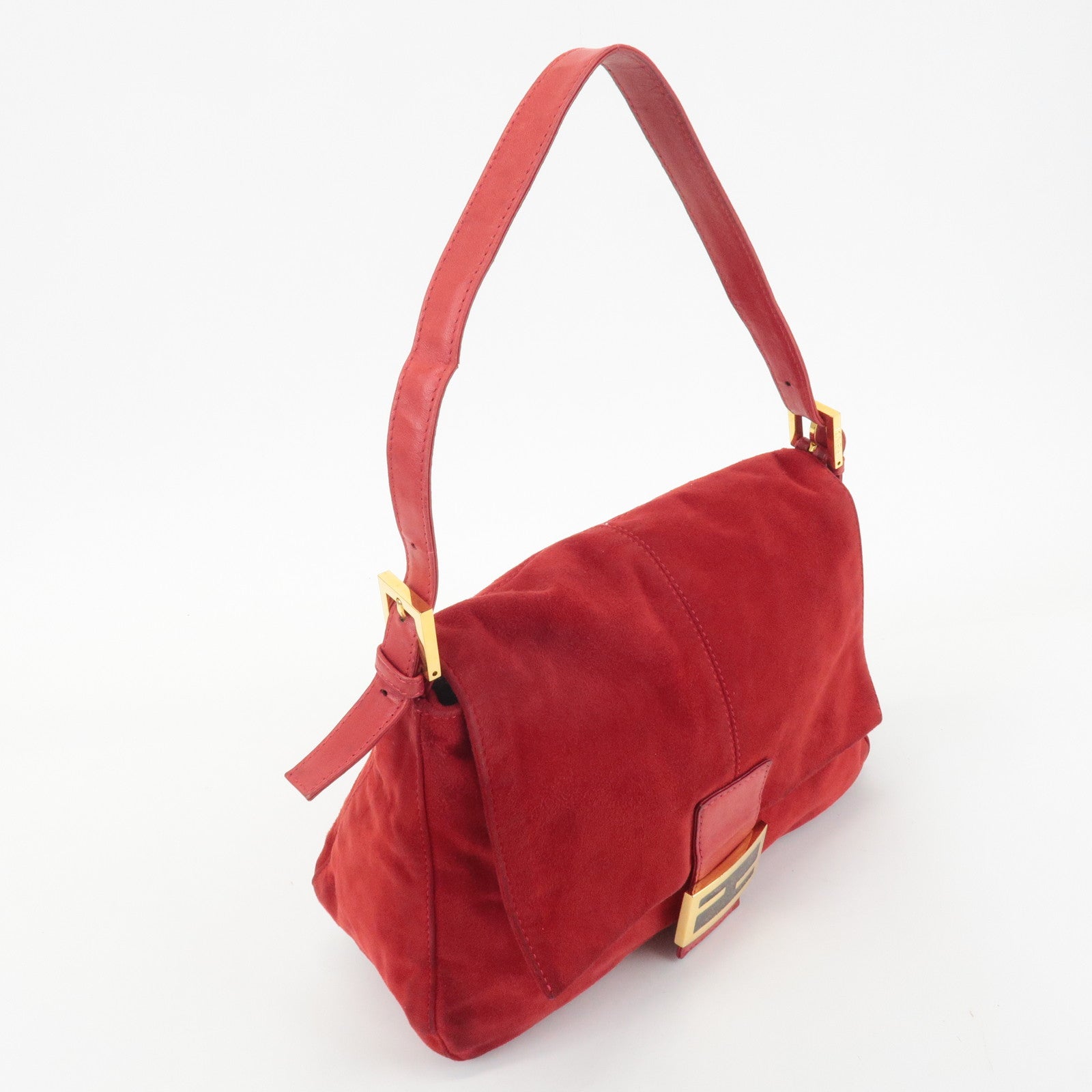 FENDI Mamma Baguette Suede Leather Shoulder Bag Red 26325