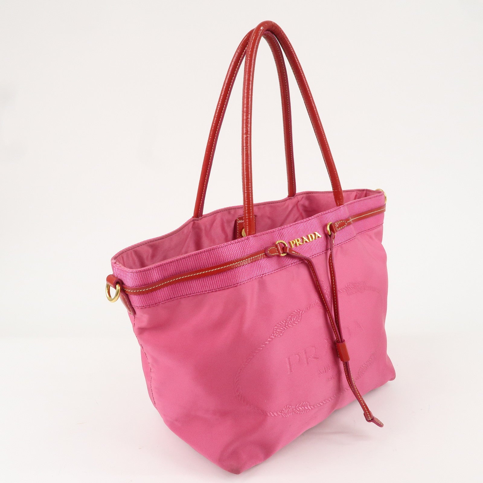 PRADA Nylon Patent Leather Logo Tote Bag Pink Red