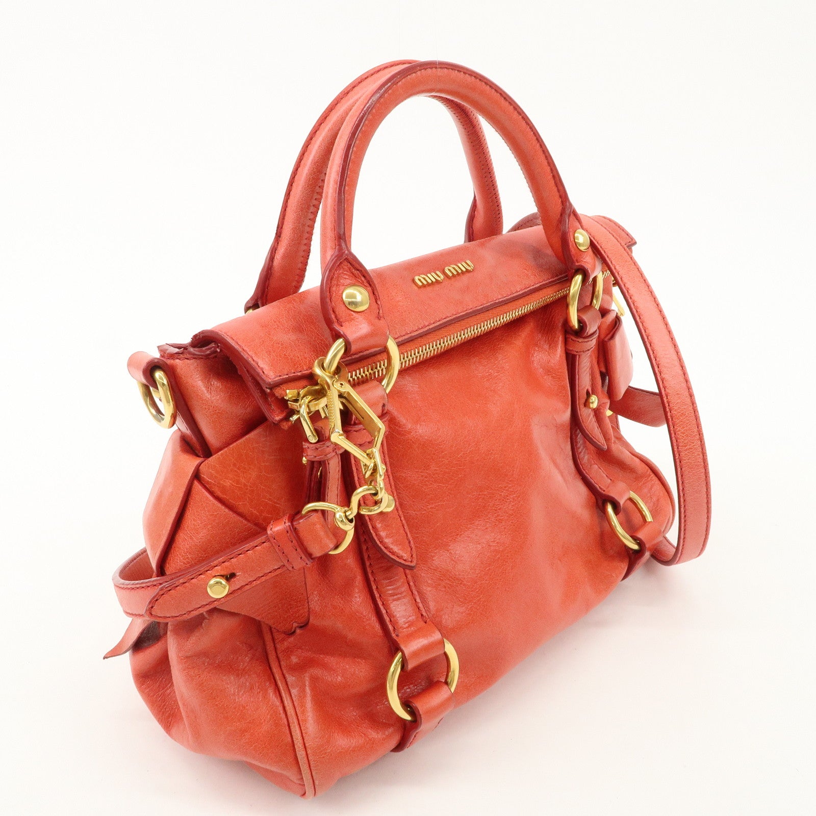 MIU MIU Leather 2WAY Bag Hand Bag Shoulder Bag Gold HDW Red Used