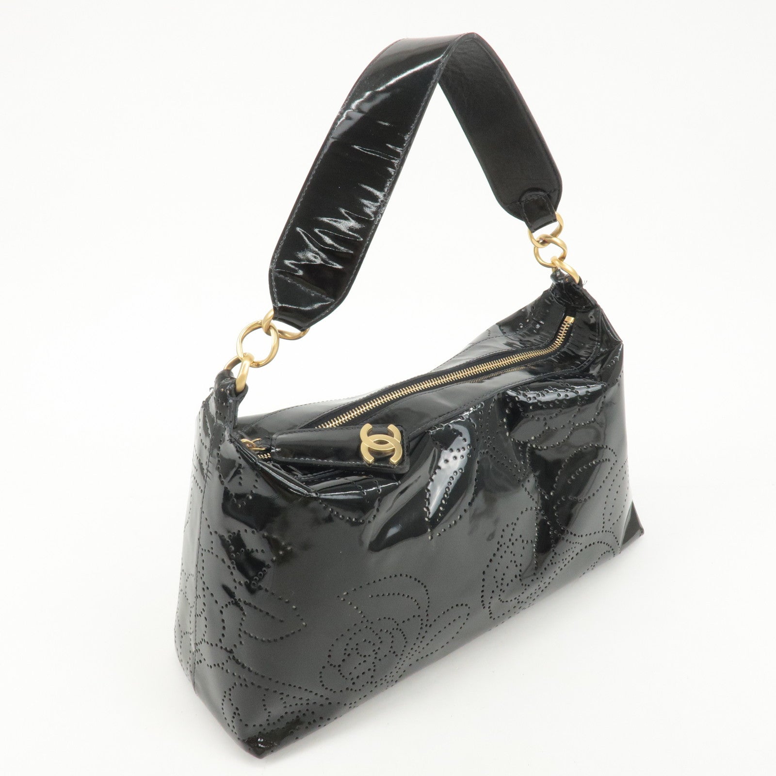 CHANEL Camellia Patent Leather One Shoulder Bag Black Used