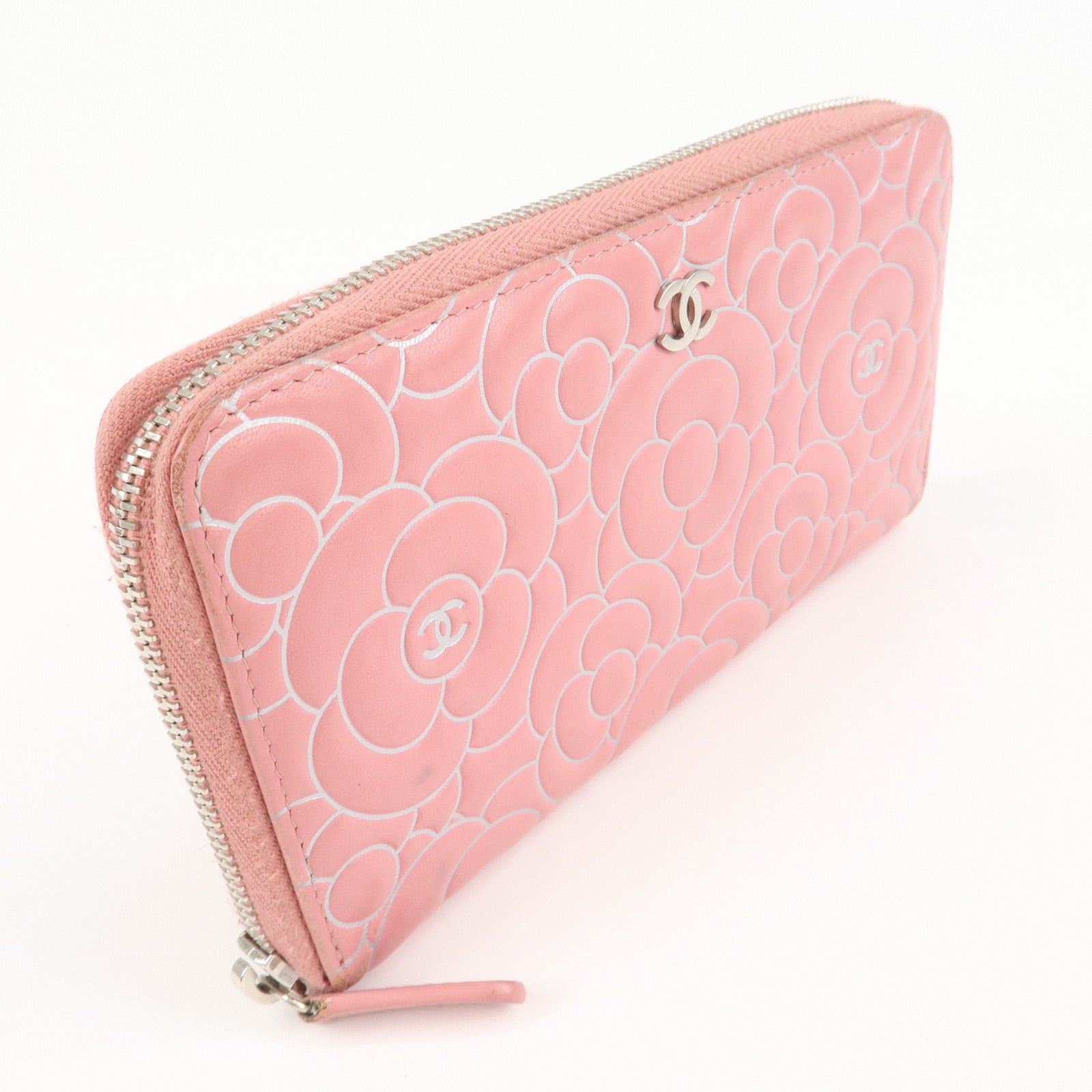 CHANEL Camellia Lamb Skin Long Zippy Wallet Pink A50085