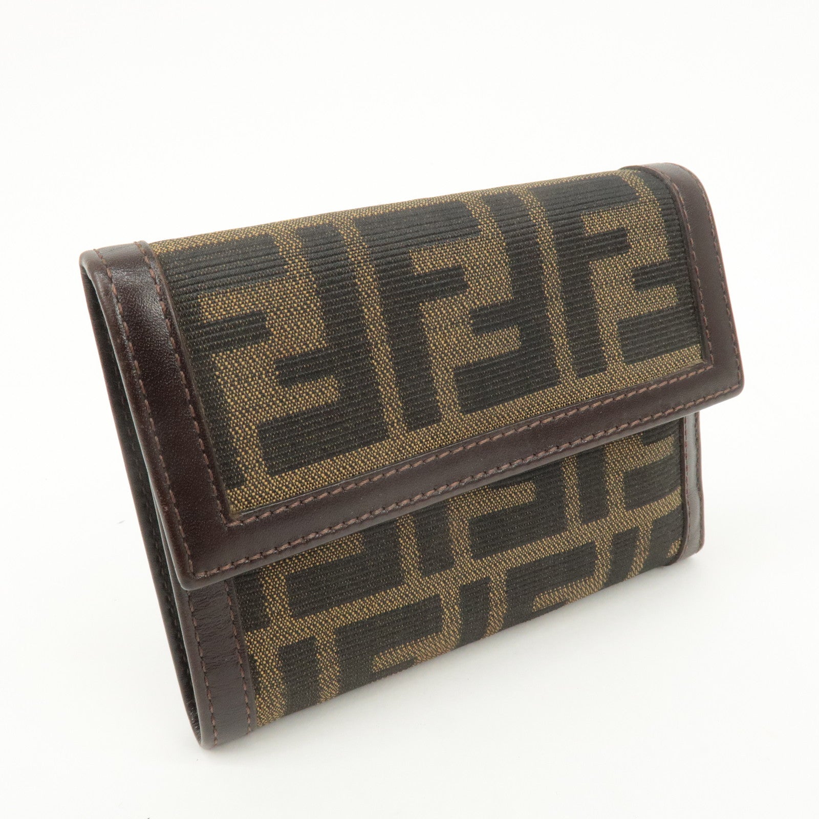 FENDI Zucca Canvas Leather Hook Tri-fold Wallet Brown 30729