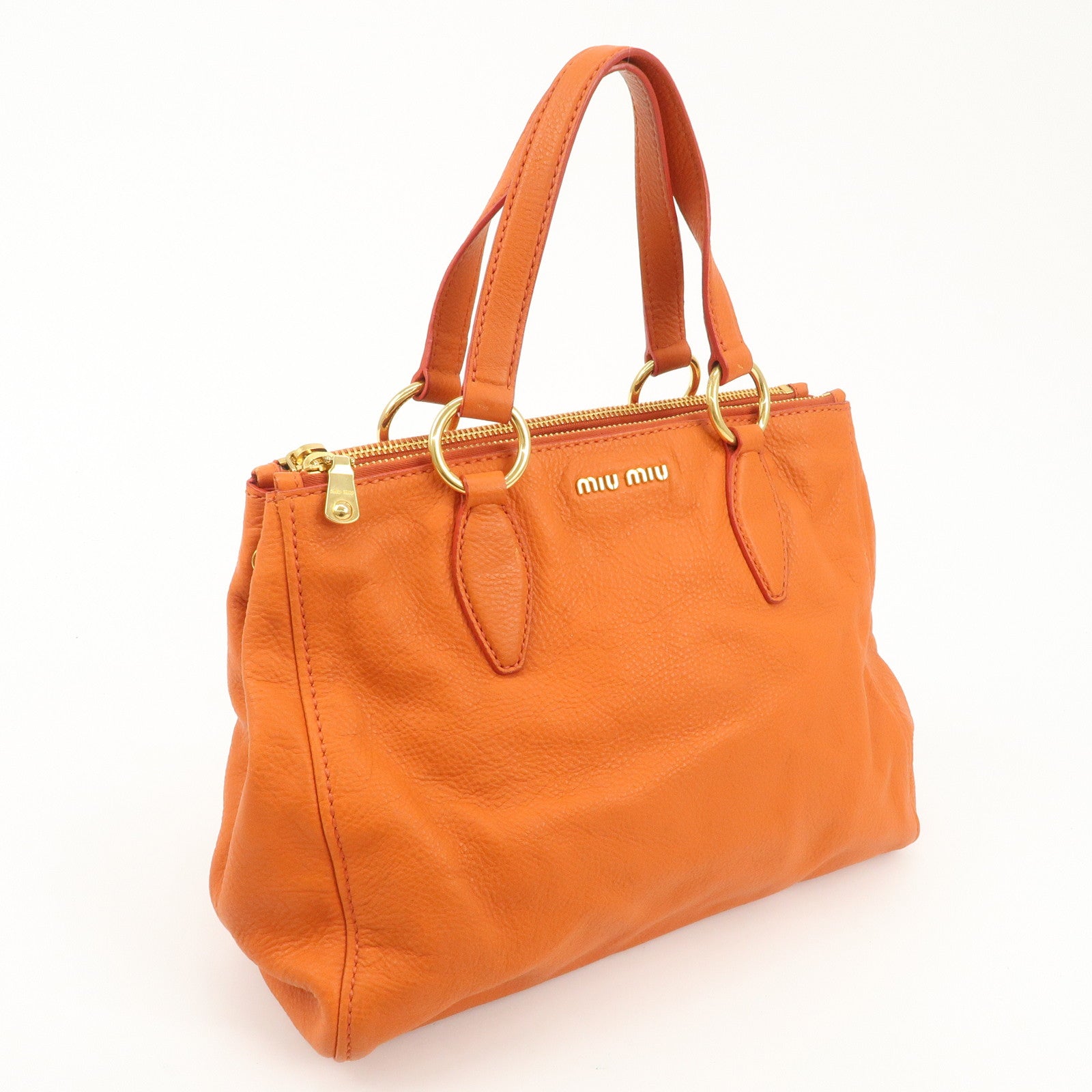 MIU MIU Leather Tote Bag Gold Logo Orange Gold Hardware Used