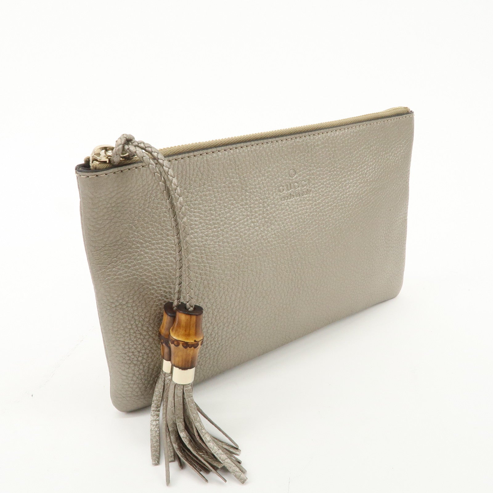 GUCCI Bamboo Leather Tassel Pouch Champaigne Beige 376854