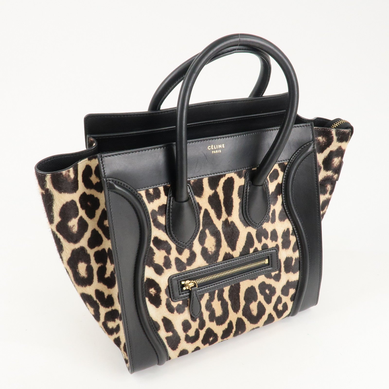 CELINE Mini Shopper Unborn Calf Leather Luggage Leopard 165213 Used