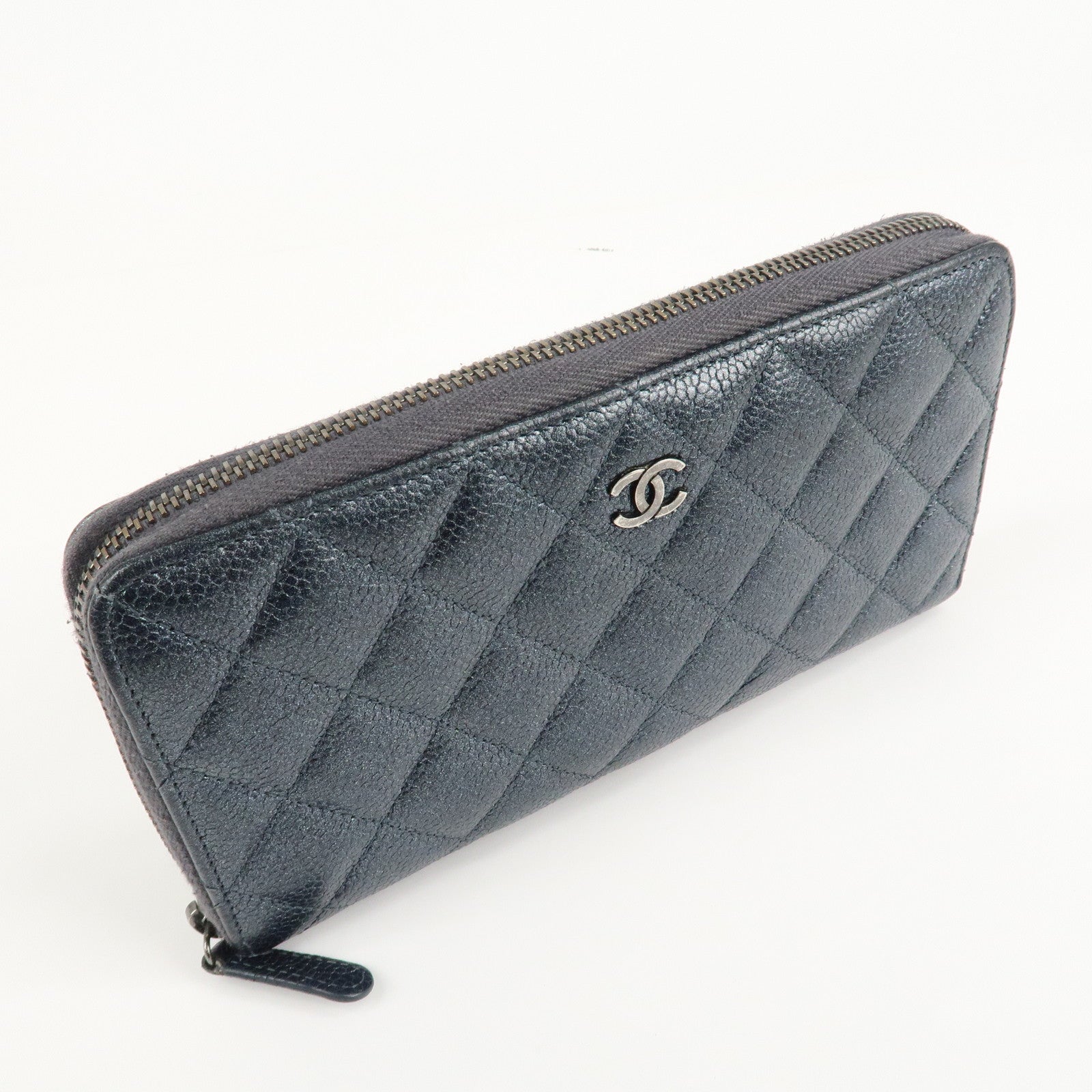 CHANEL Matelasse Caviar Skin Zip Around Long Wallet Metal Blue