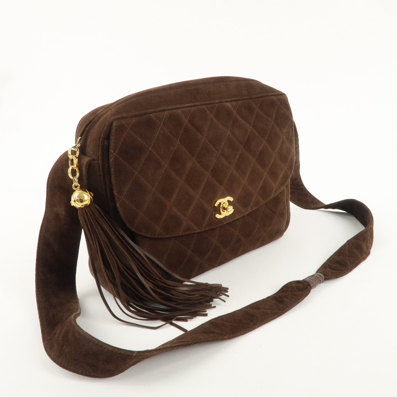 CHANEL Matelasse Suede Shoulder Bag Brown Gold Hardware