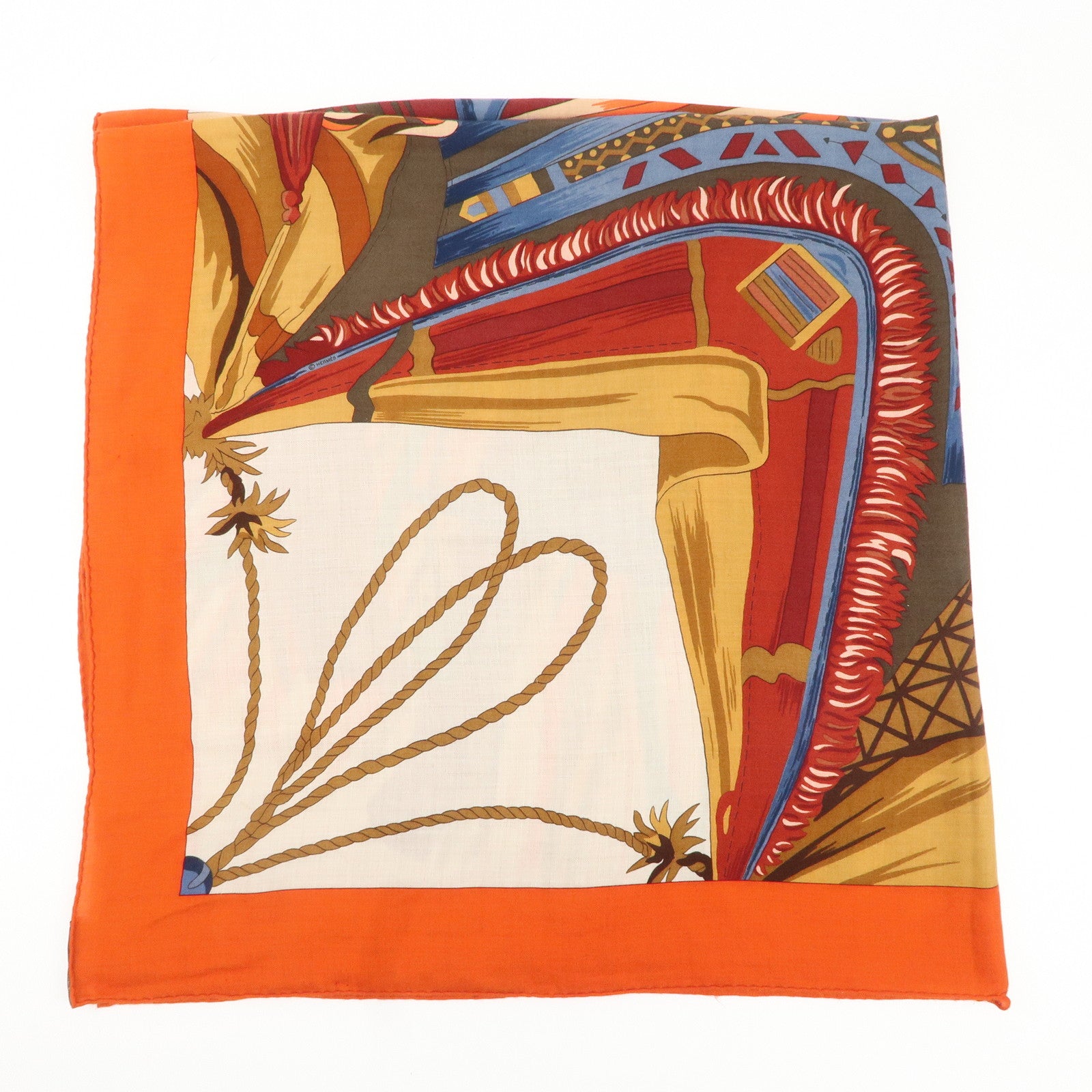 HERMES Carre 140 Cashmere Silk Scarf CUIRS DU DESERT Orange Used