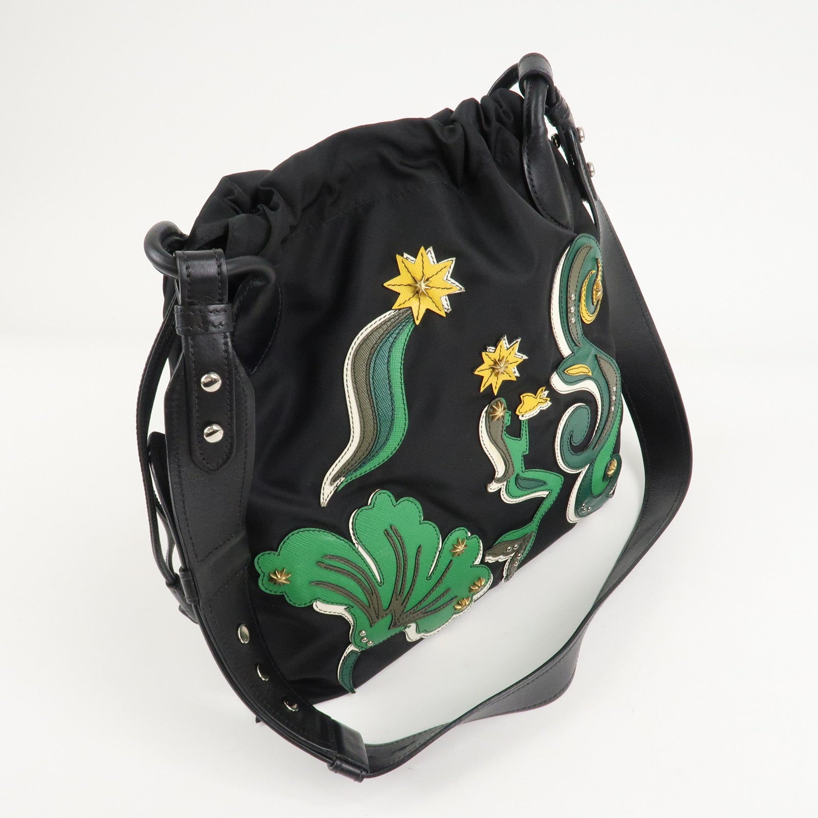 PRADA Logo Nylon Leathr Mermaid Motif Shoulder Bag Black Green