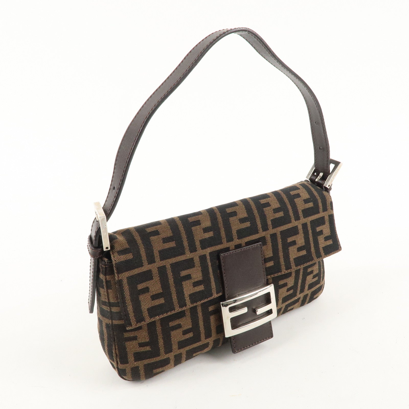 FENDI Mamma Baguette Canvas Leather Shoulder Bag Brown Black 26424