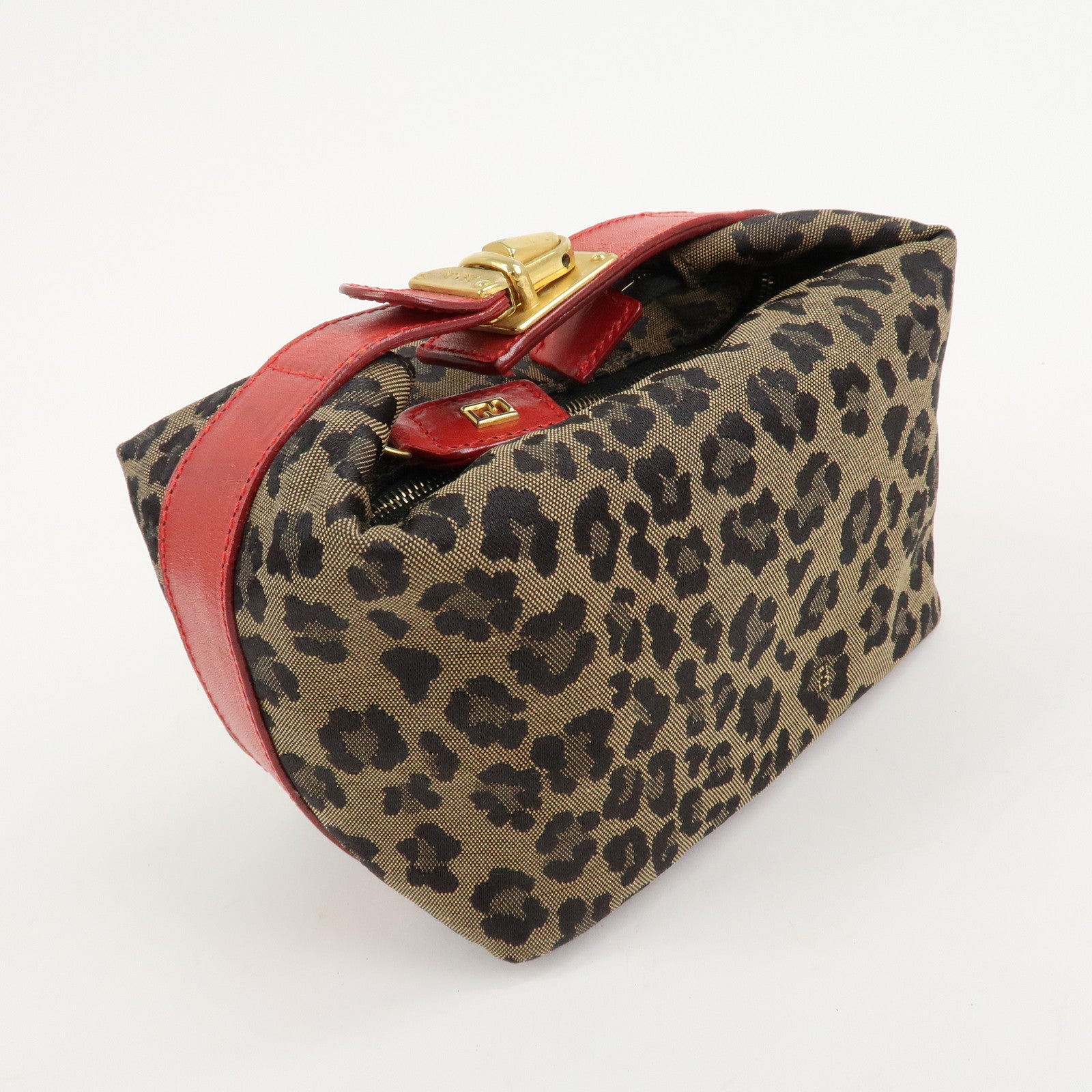 FENDI Canvas Leather Leopard Vanity Bag Pouch Brown Red 26360 Used