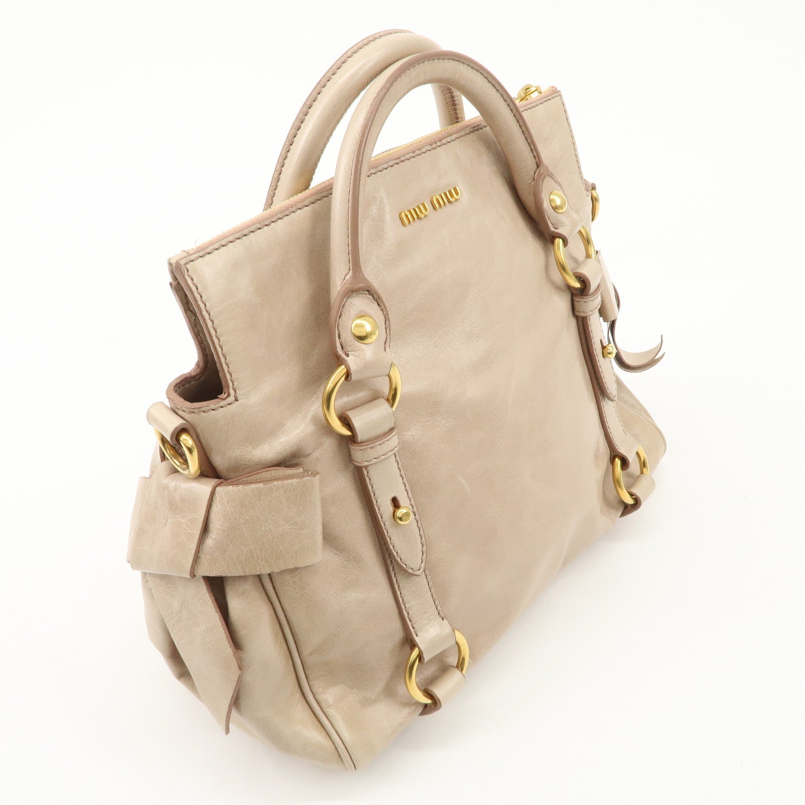 MIU MIU Leather Ribbon 2Way Bag Hand Bag Shoulder Bag Beige RT0438 Used