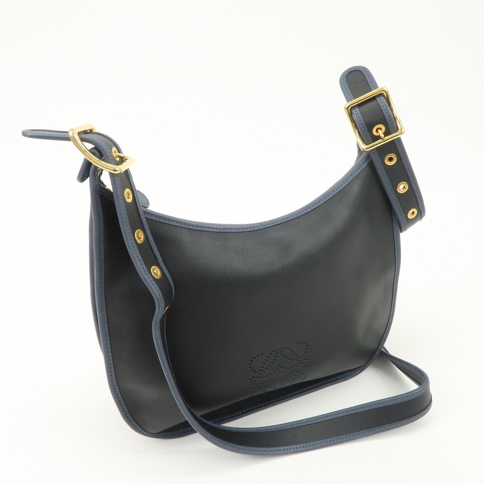 LOEWE Anagram Leather Sophia Shoulder Bag Black Navy Used