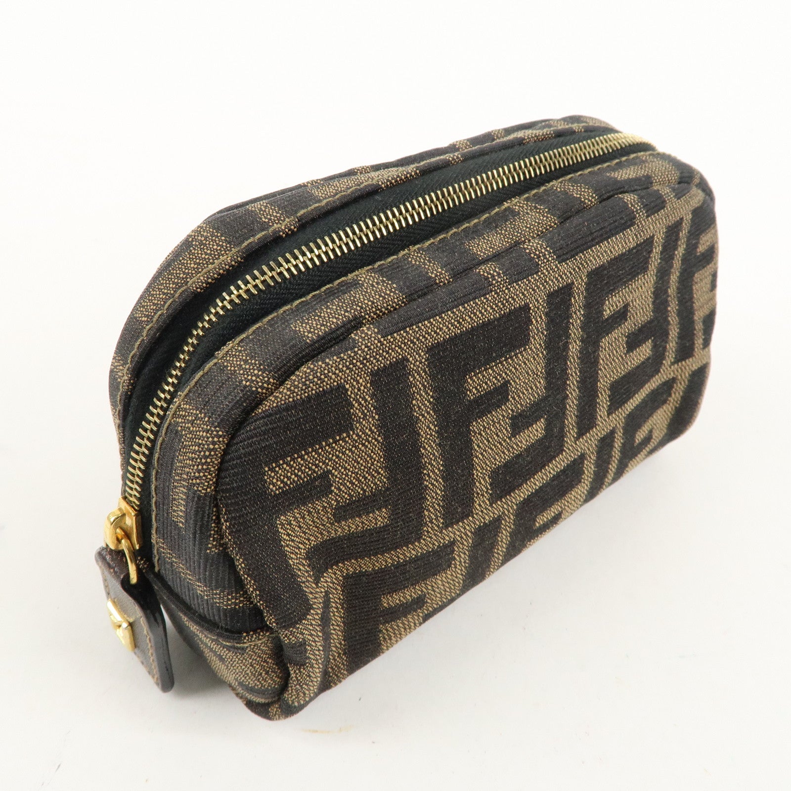 FENDI Zucca Canvas Leather Pouch Khaki Black 26361