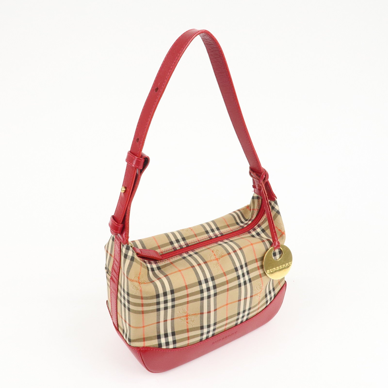 BURBERRY Nova Plaid Canvas Leather Shoulder Bag Hand Bag Red