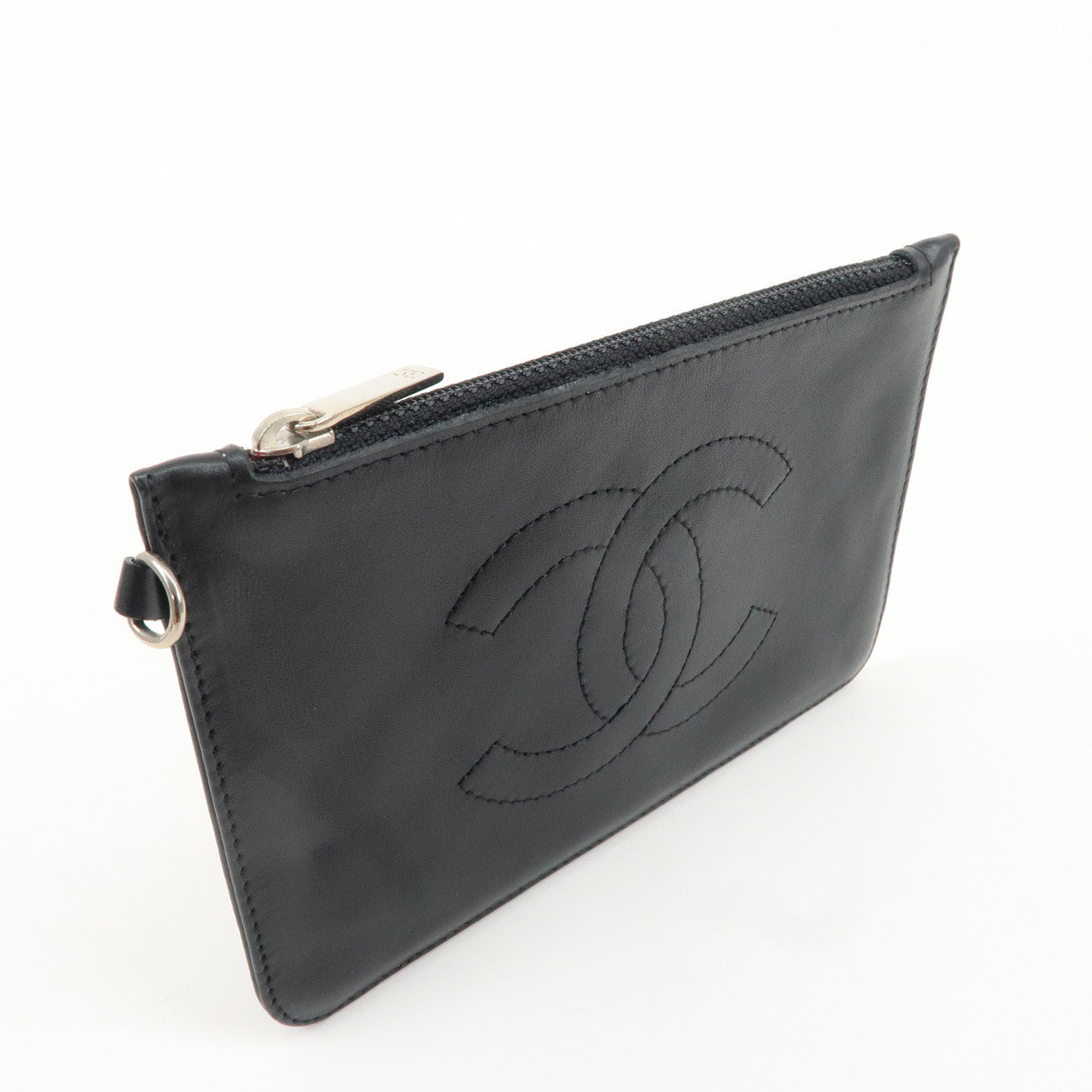 CHANEL Coco Mark Leather Cambon Line Cosmetic Small Pouch Black Used