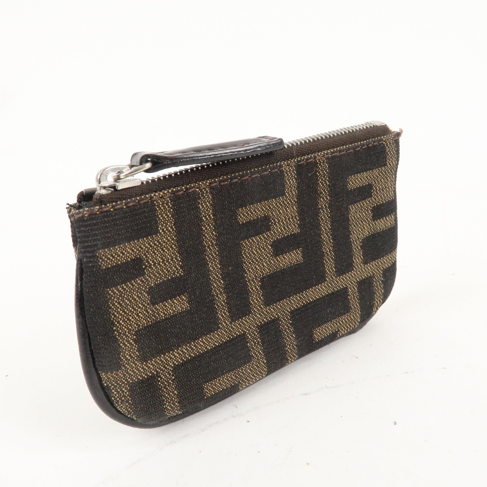 FENDI Zucca Canvas Leather Coin Purse Brown Black