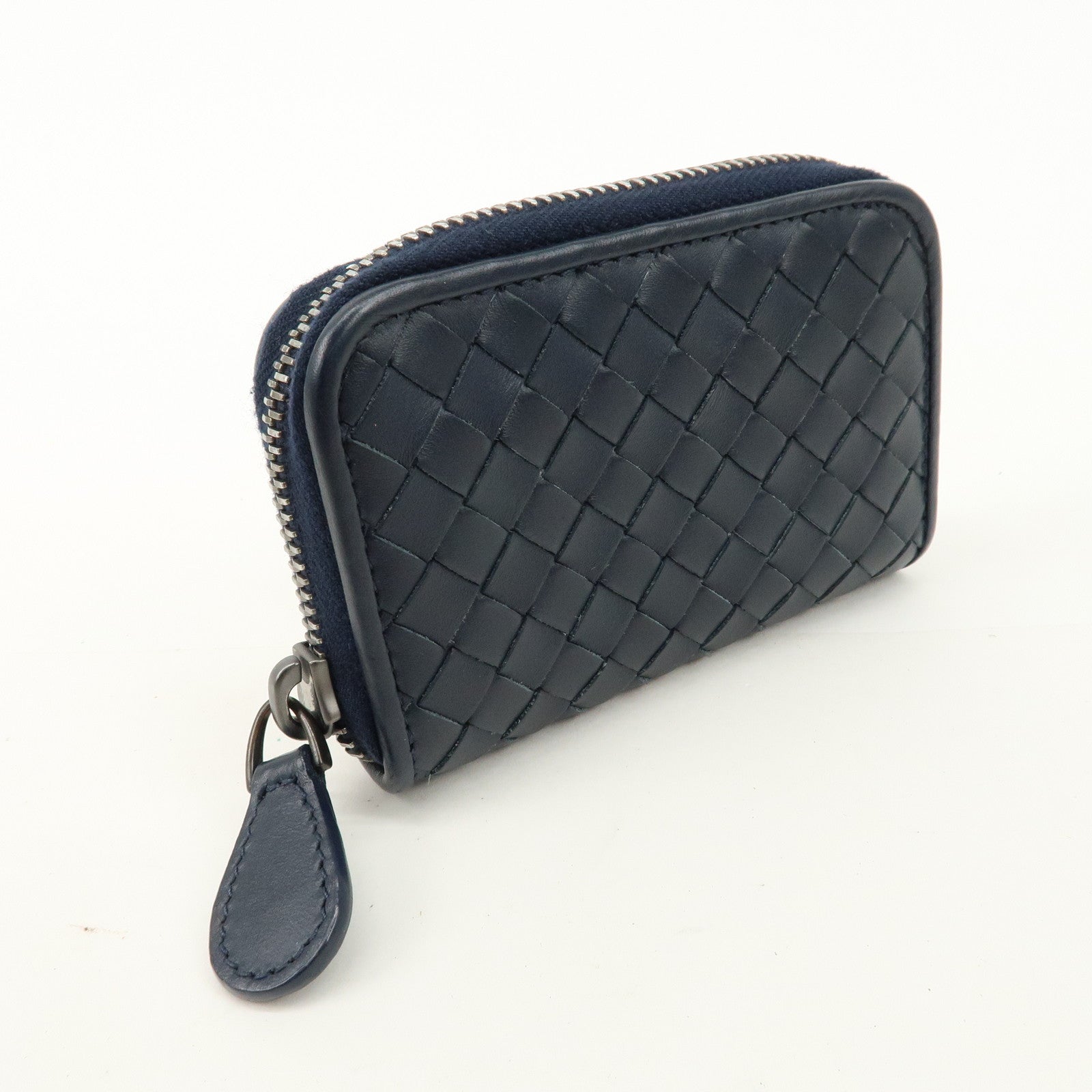 BOTTEGA VENETA Intrecciato Leather Zip Round Coin Case Navy