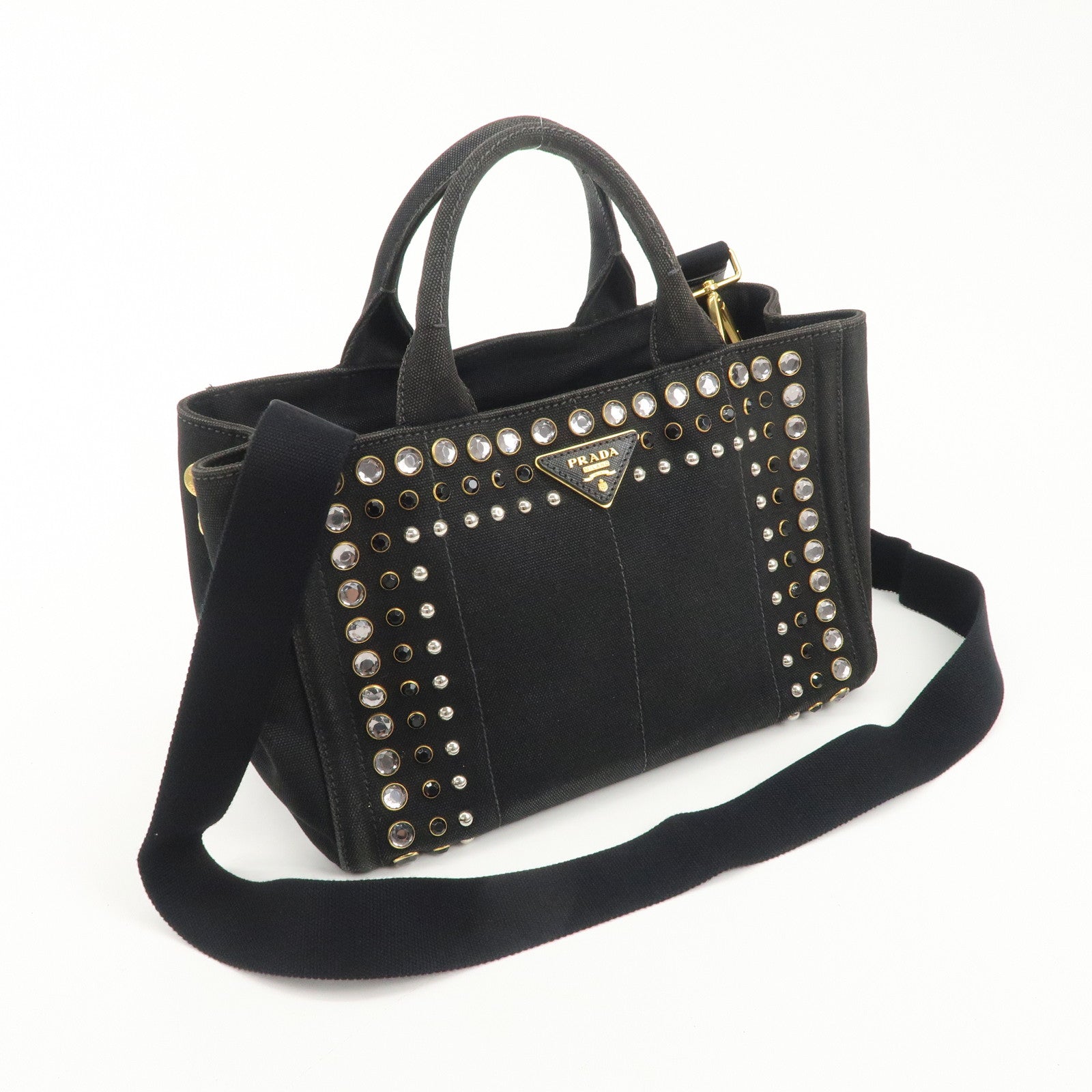 PRADA Mini Canapa Bijou Studs Canvas 2Way Bag Black B24390 Used