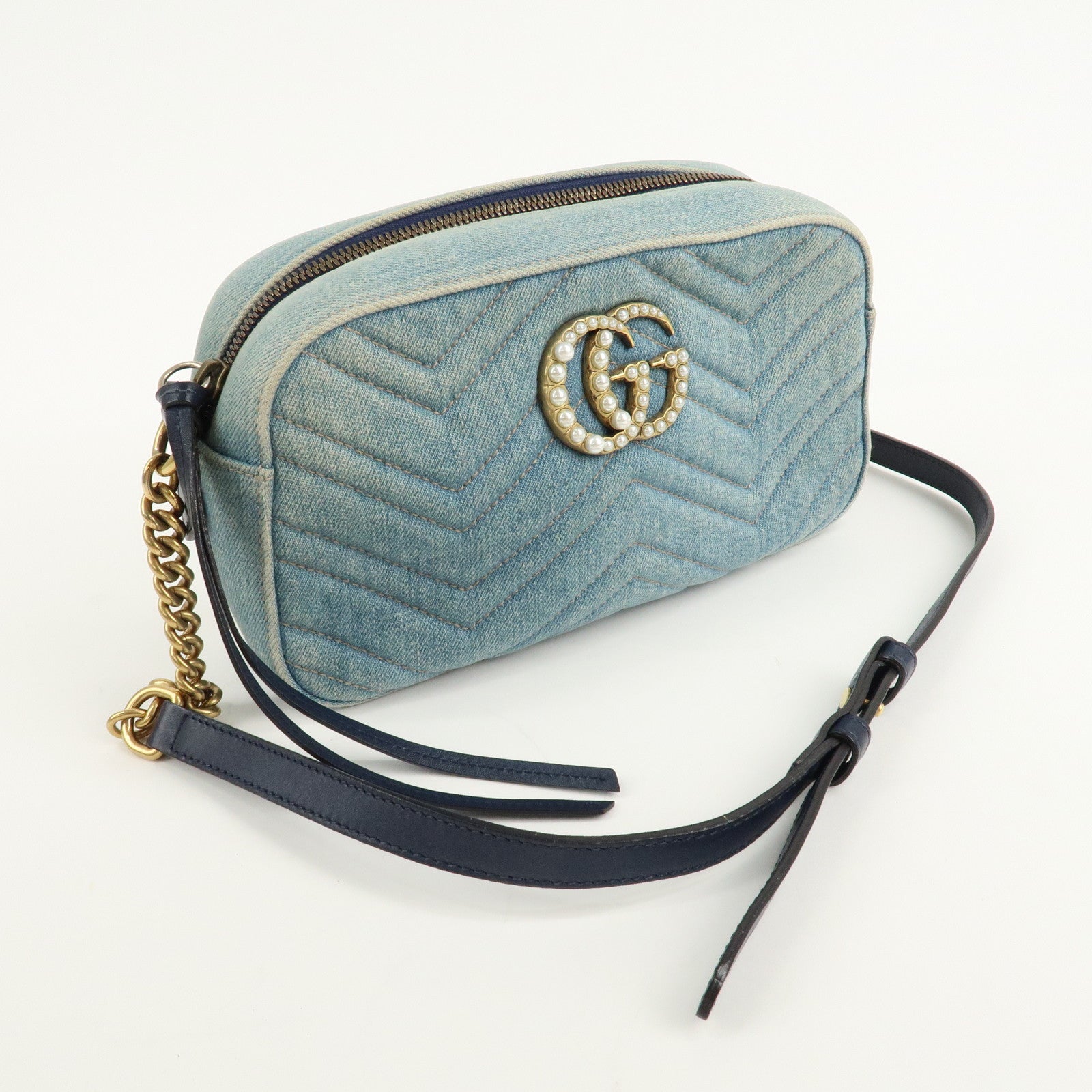 GUCCI GG Marmont Denim Leather Chain Shoulder Bag LIght Blue447632 Used