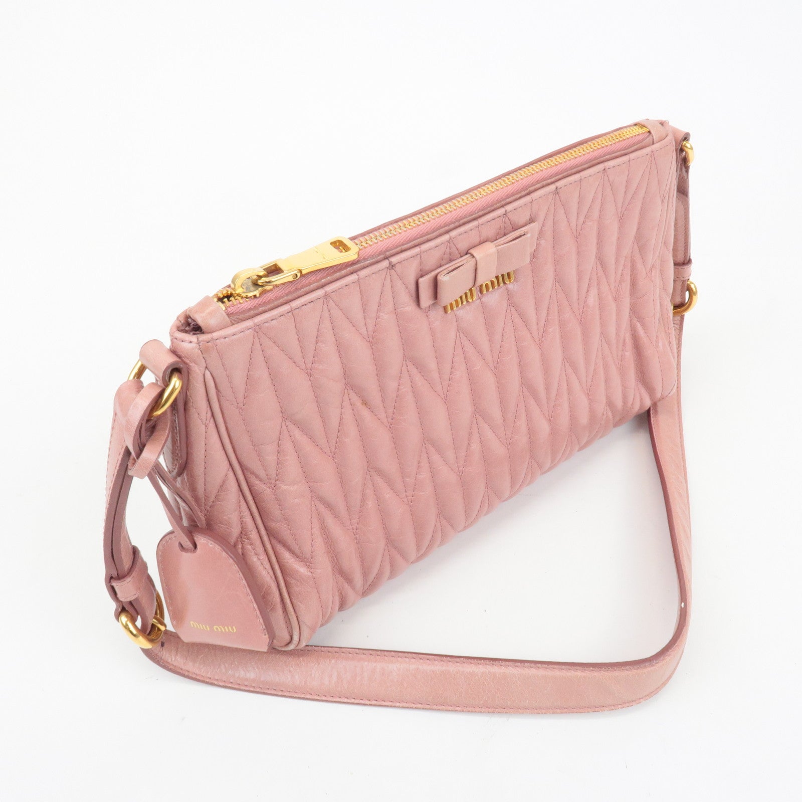 MIU MIU Leather Ribbon Gathered Shoulder Bag Pink RR1937