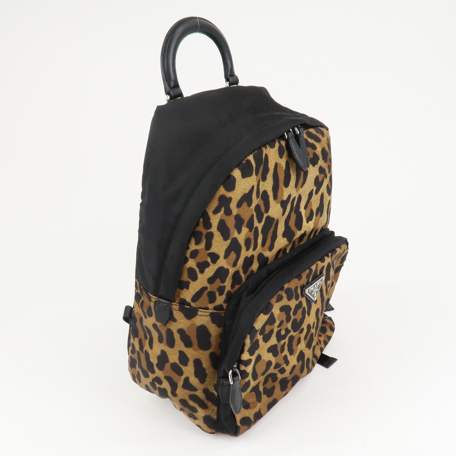 PRADA Leopard Nylon Leather Rucksack  Black Brown 1BZ001 Used