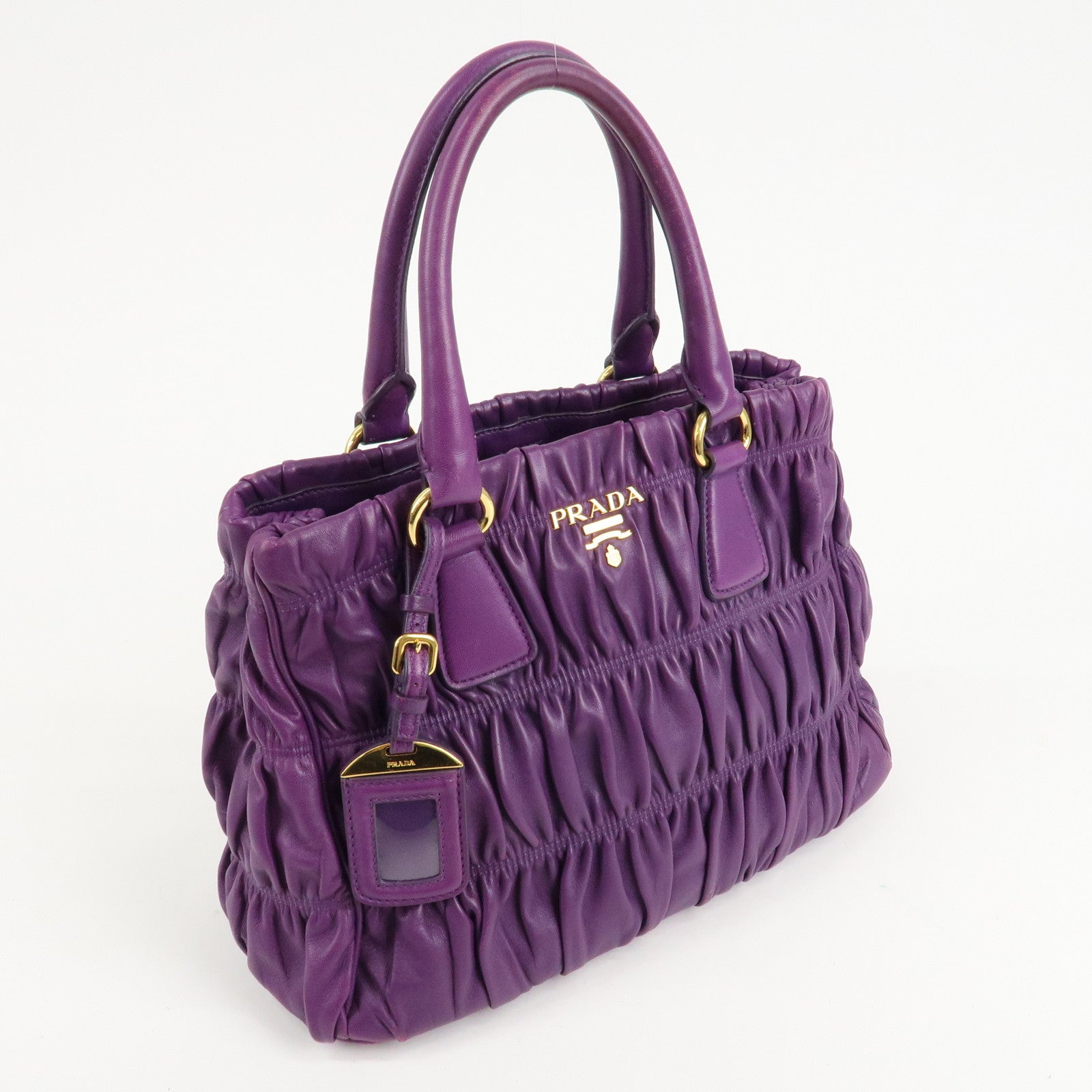 PRADA Leather Gathered Hand Bag Purple Gold Hardware BN2394