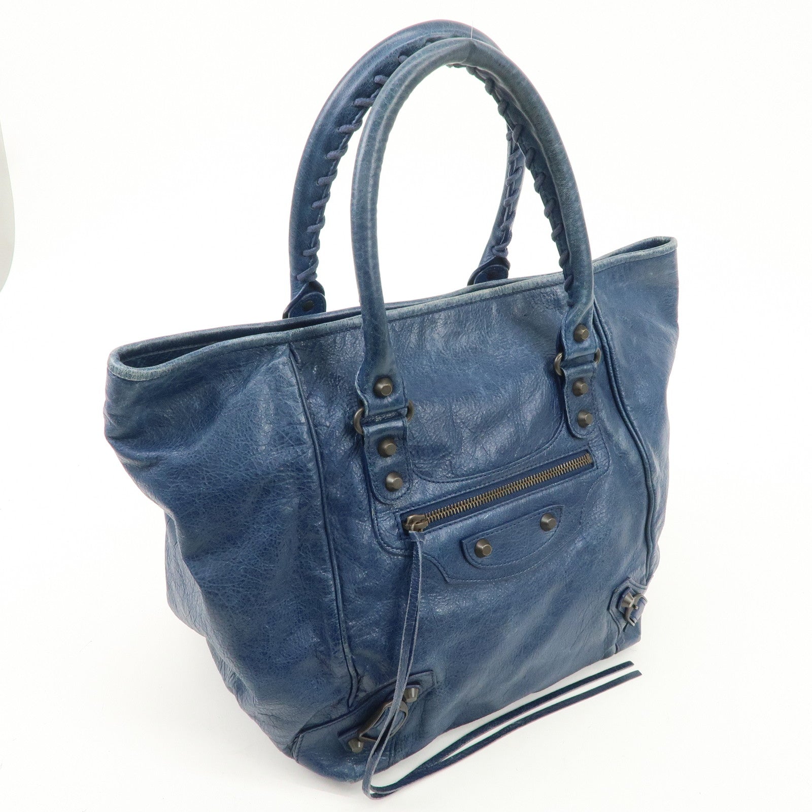 BALENCIAGA Leather The Sunday Tote Bag Hand Bag Blue 228750