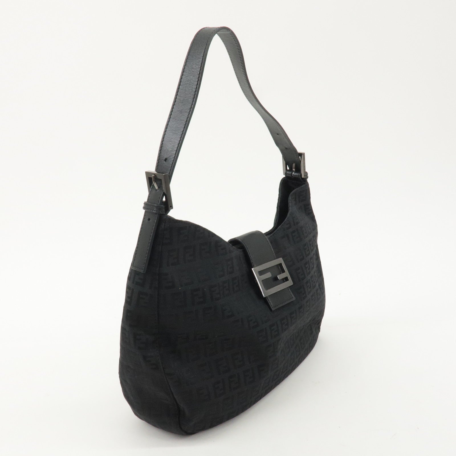 FENDI Zucchino Canvas Leather Shoulder Bag Black 8BR037