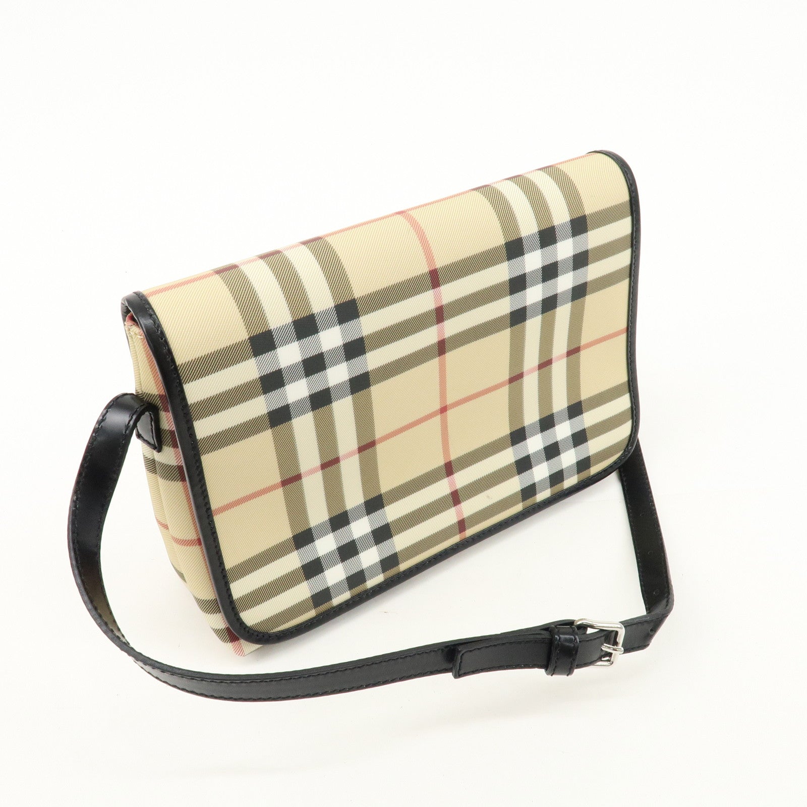 BURBERRY PVC Leather Nova Plaid Shoulder Bag Beige Black