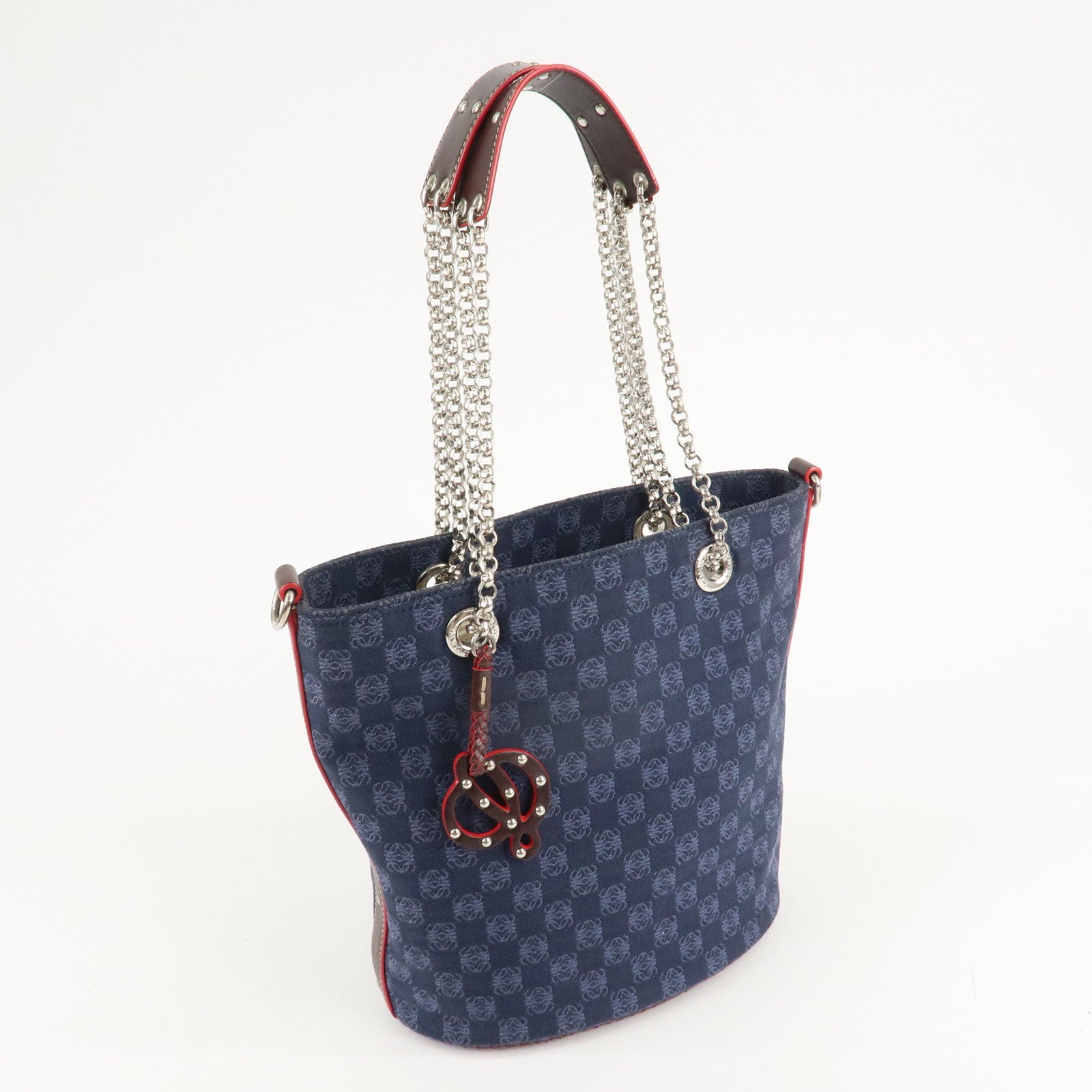 LOEWE Anagram Canvas Leather Chain Tote Bag Shoulder Bag Blue