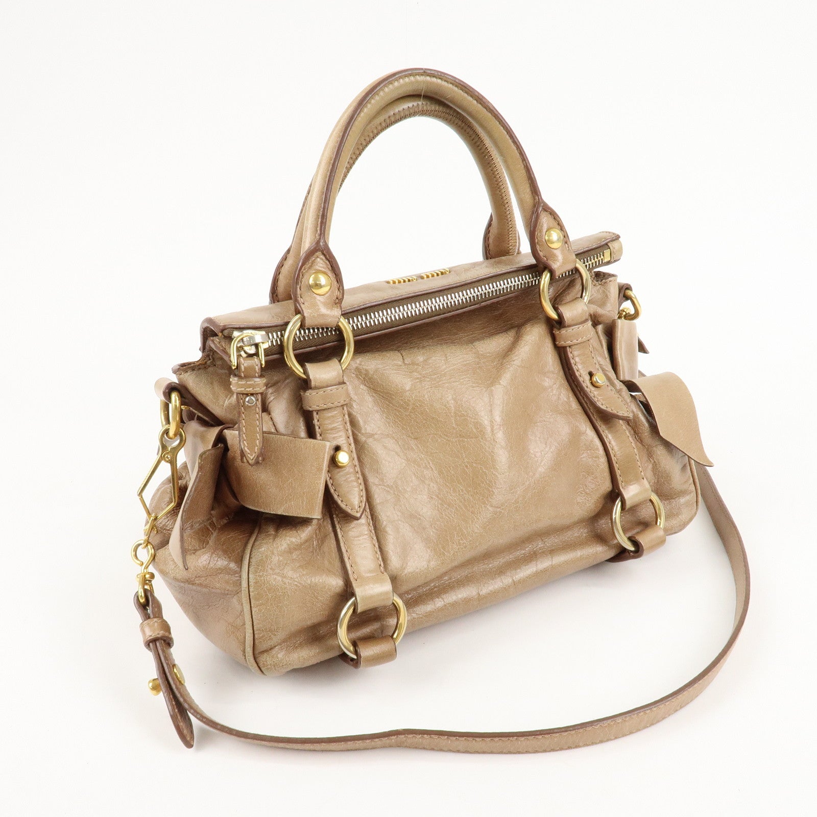 MIU MIU Leather Ribbon 2Way Shoulder Hand Bag Beige Used