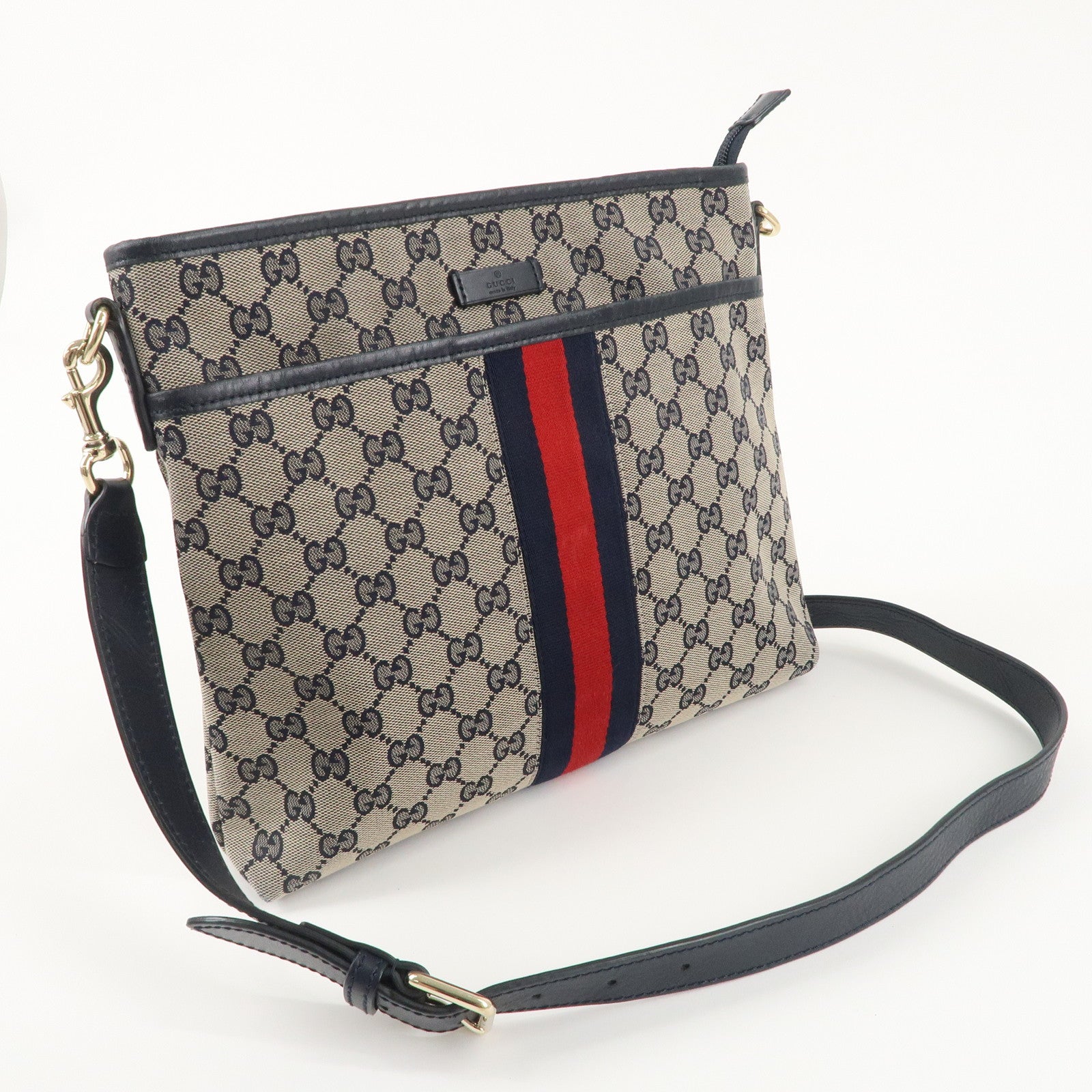 GUCCI Sherry GG Canvas Leather Shoulder Bag Navy Beige 388926