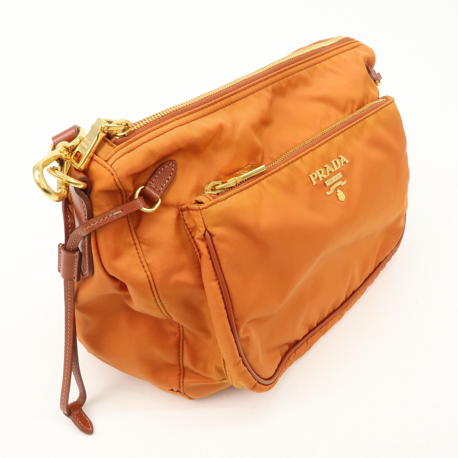 PRADA Logo Nylon Leather Shoulder Bag Gold Hardware Orange Used