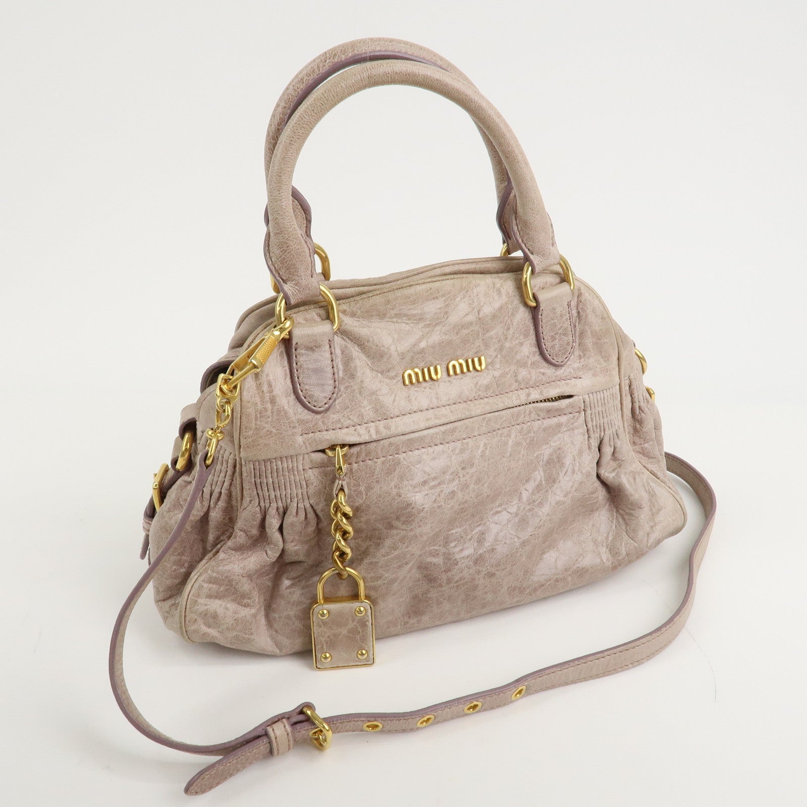 MIU MIU Logo Leather 2 Way Hand Bag Shoulder Bag  Beige Used