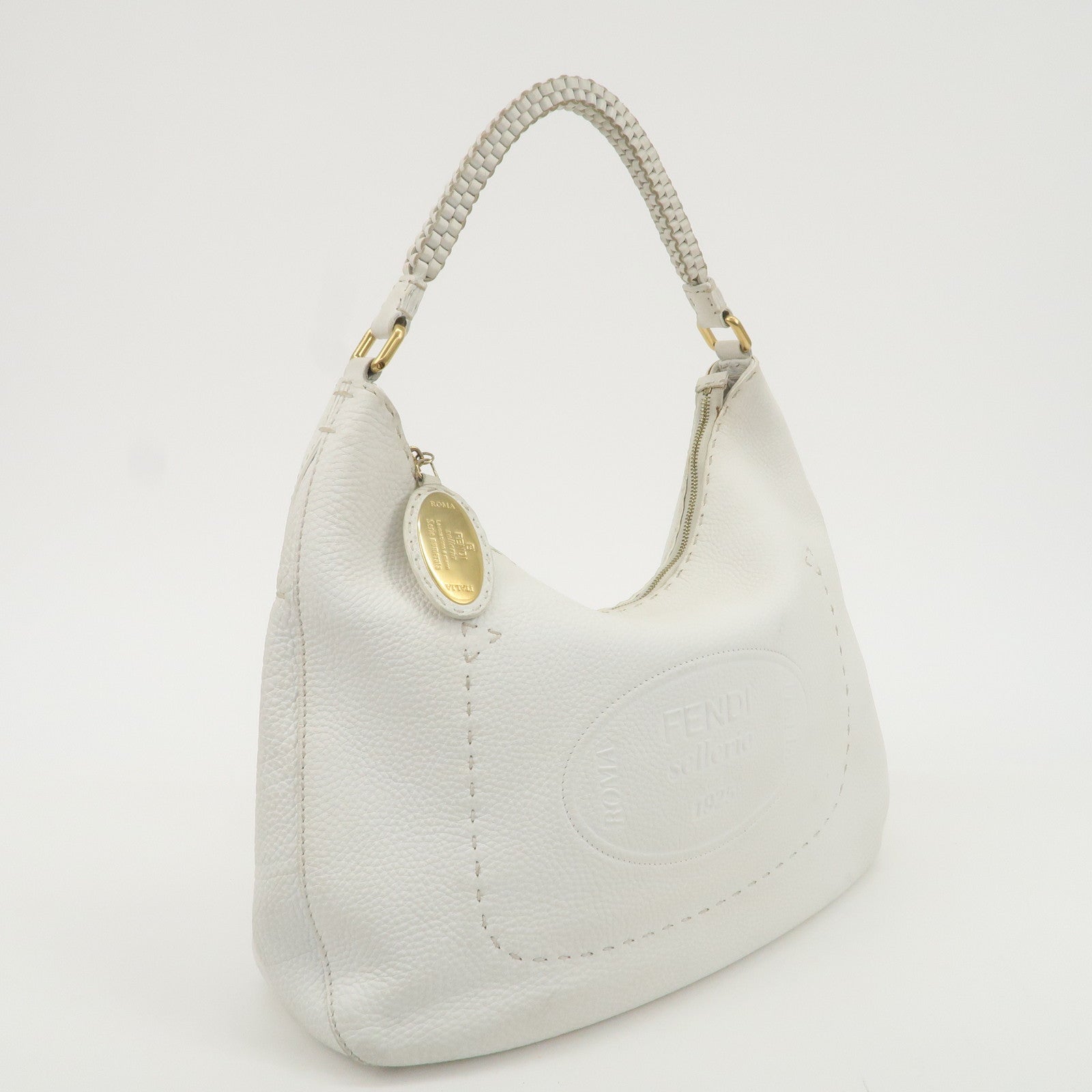 FENDI Selleria Leather Shoulder Bag White Gold Hardware 8BR648 Used