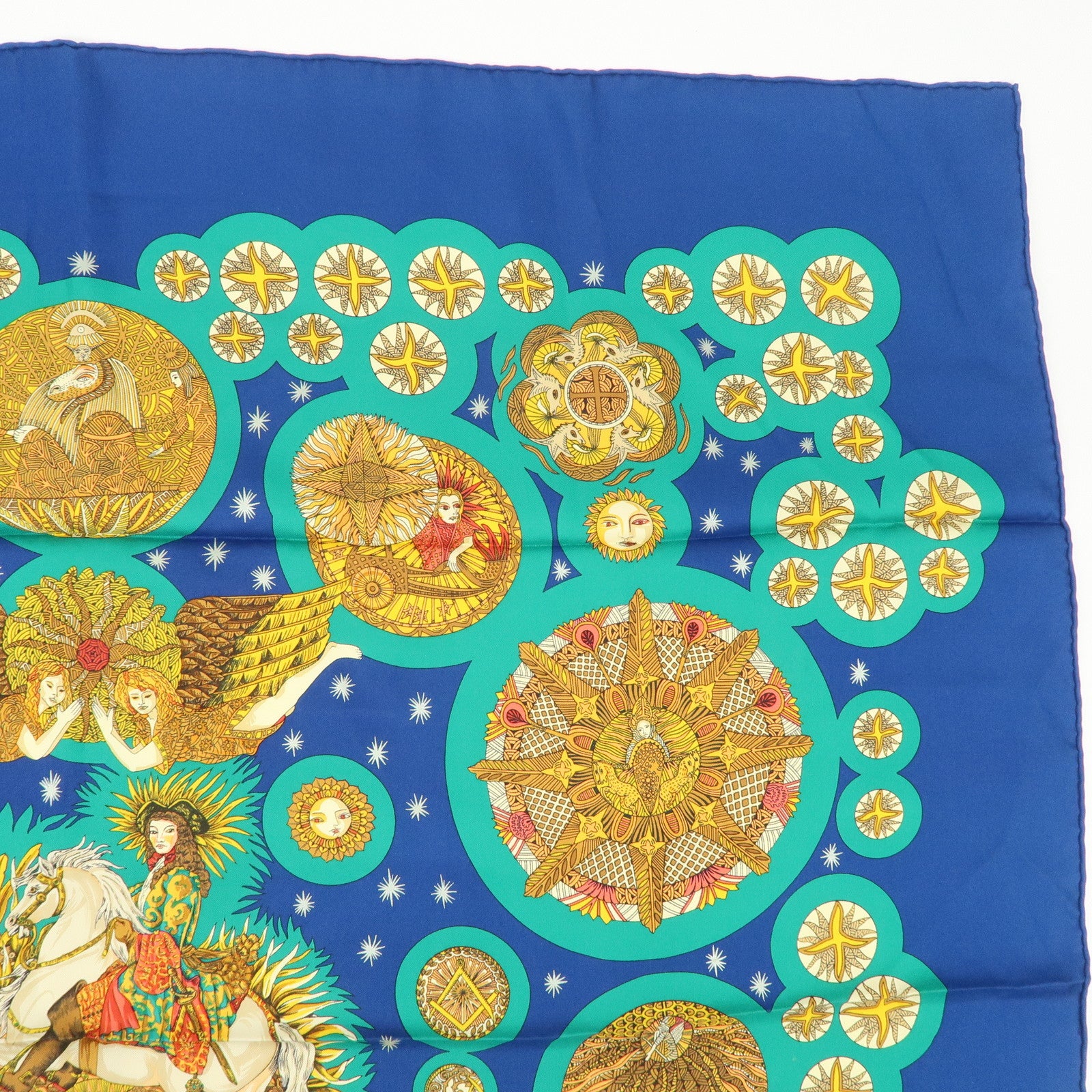 HERMES Carre 90 Silk 100% Scarf LE ROY SOLEIL Blue Green Gold Used