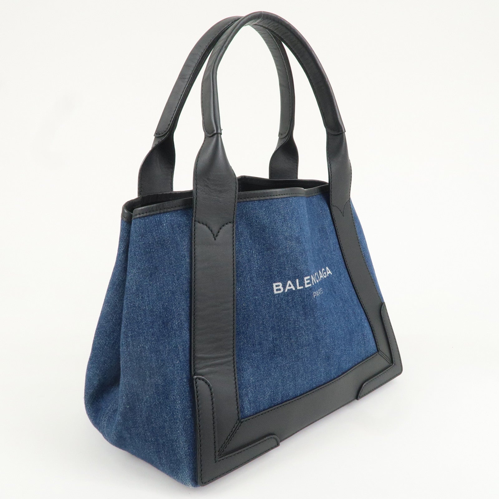 BALENCIAGA Denim Navy Cabas S Canvas Leather Tote Bag Blue 339933